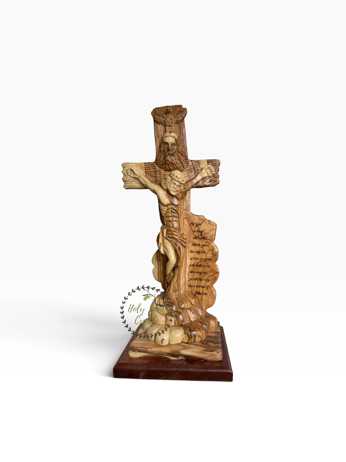 Masterfully Carved Olive Wood Holy Trinity Crucifix with John 3:16 - Holy Land Cradle
