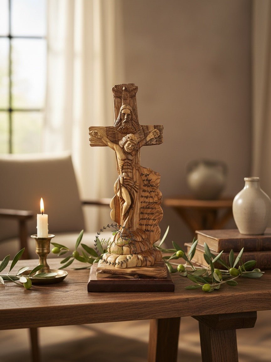 Masterfully Carved Olive Wood Holy Trinity Crucifix with John 3:16 - Holy Land Cradle