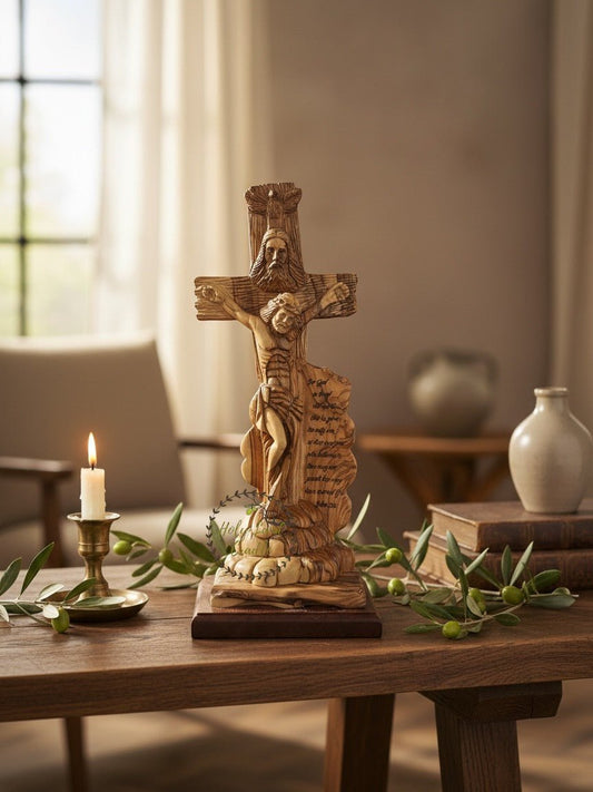 Masterfully Carved Olive Wood Holy Trinity Crucifix with John 3:16 - Holy Land Cradle