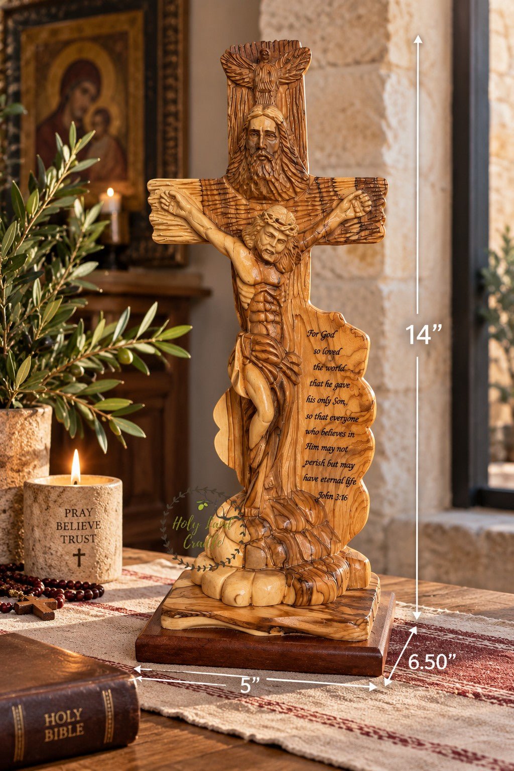 Masterfully Carved Olive Wood Holy Trinity Crucifix with John 3:16 - Holy Land Cradle