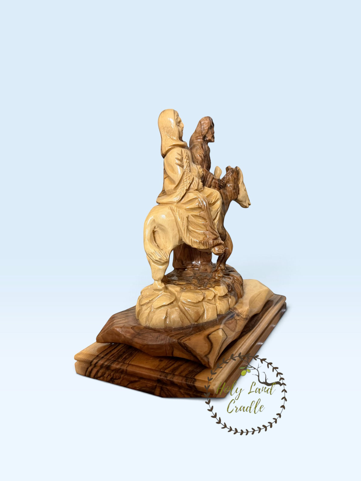 Olive Wood Holy Family Flight to Egypt with Faces - Holy Land Cradle