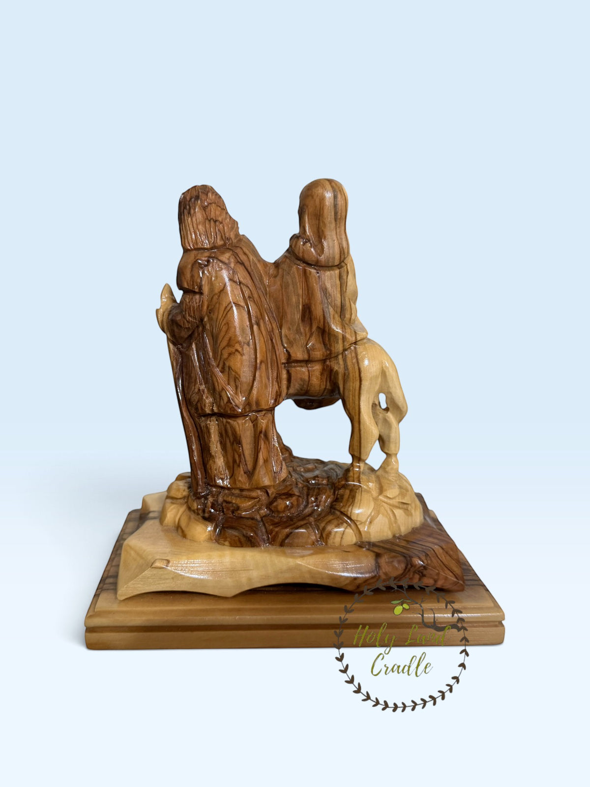 Olive Wood Holy Family Flight to Egypt with Faces - Holy Land Cradle