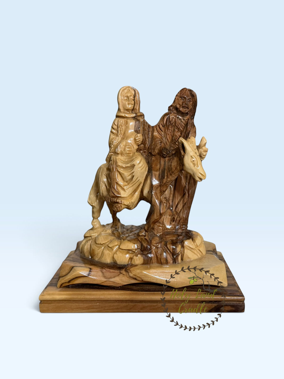 Olive Wood Holy Family Flight to Egypt with Faces - Holy Land Cradle