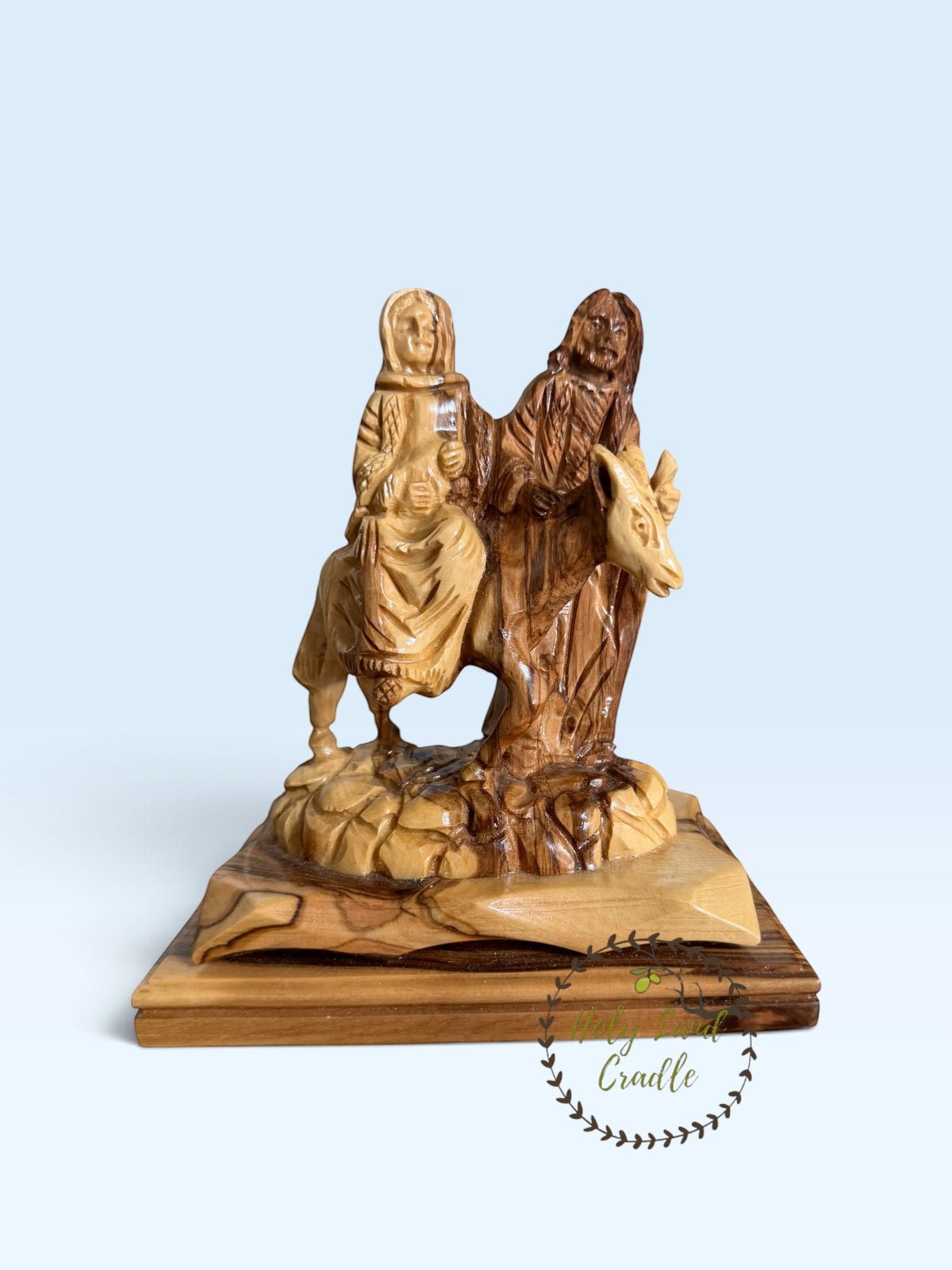 Olive Wood Holy Family Flight to Egypt with Faces - Holy Land Cradle