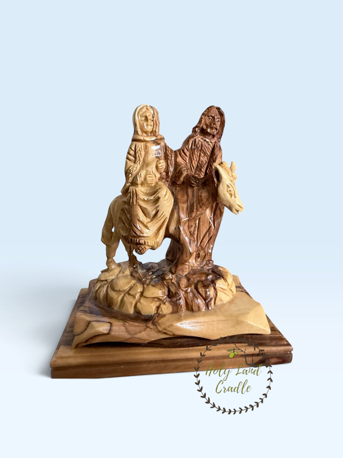 Olive Wood Holy Family Flight to Egypt with Faces - Holy Land Cradle