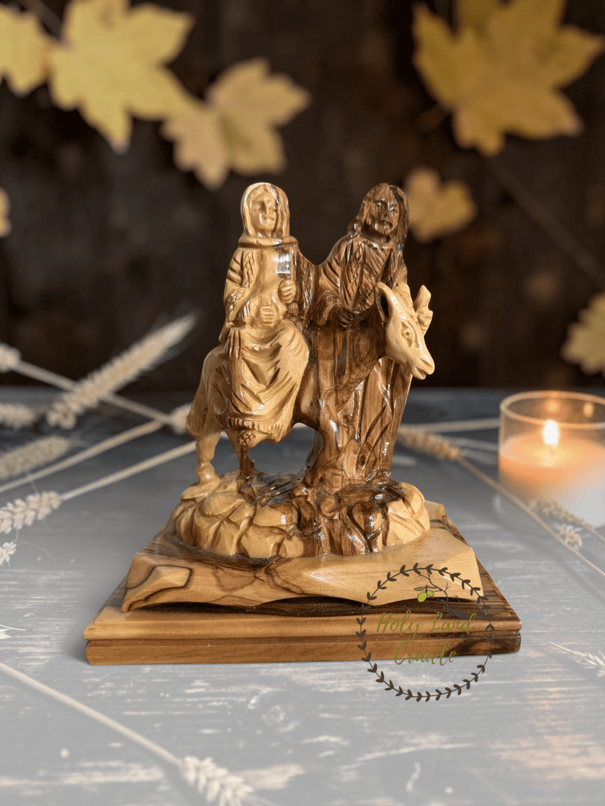 Olive Wood Holy Family Flight to Egypt with Faces - Holy Land Cradle
