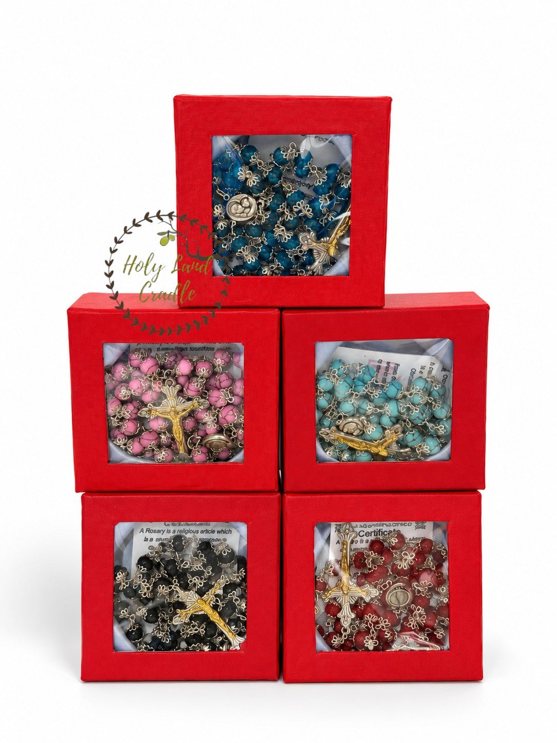 Rosary with Decorative Bead Caps & Holy Land Soil - Holy Land Cradle