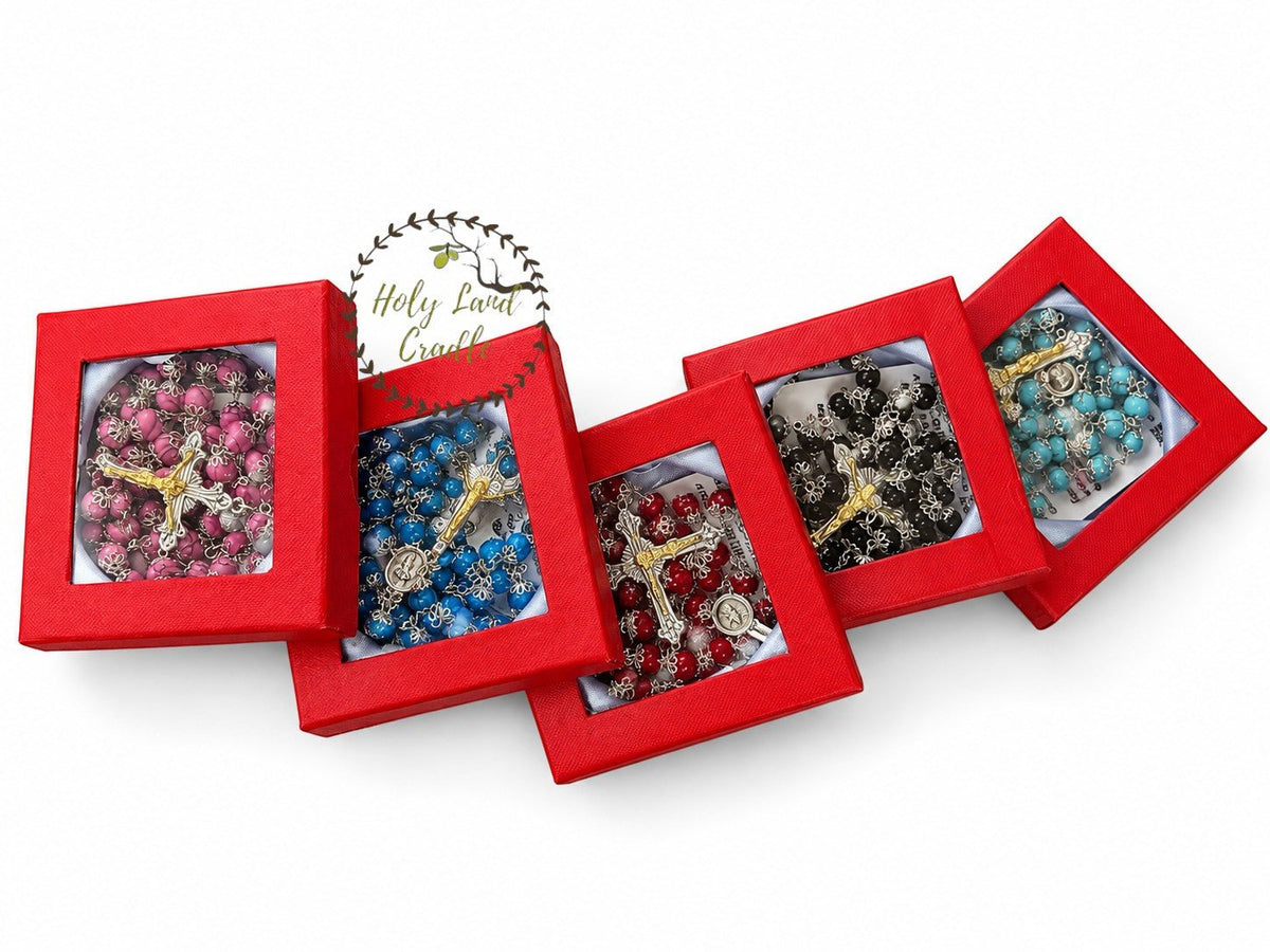 Rosary with Decorative Bead Caps & Holy Land Soil - Holy Land Cradle