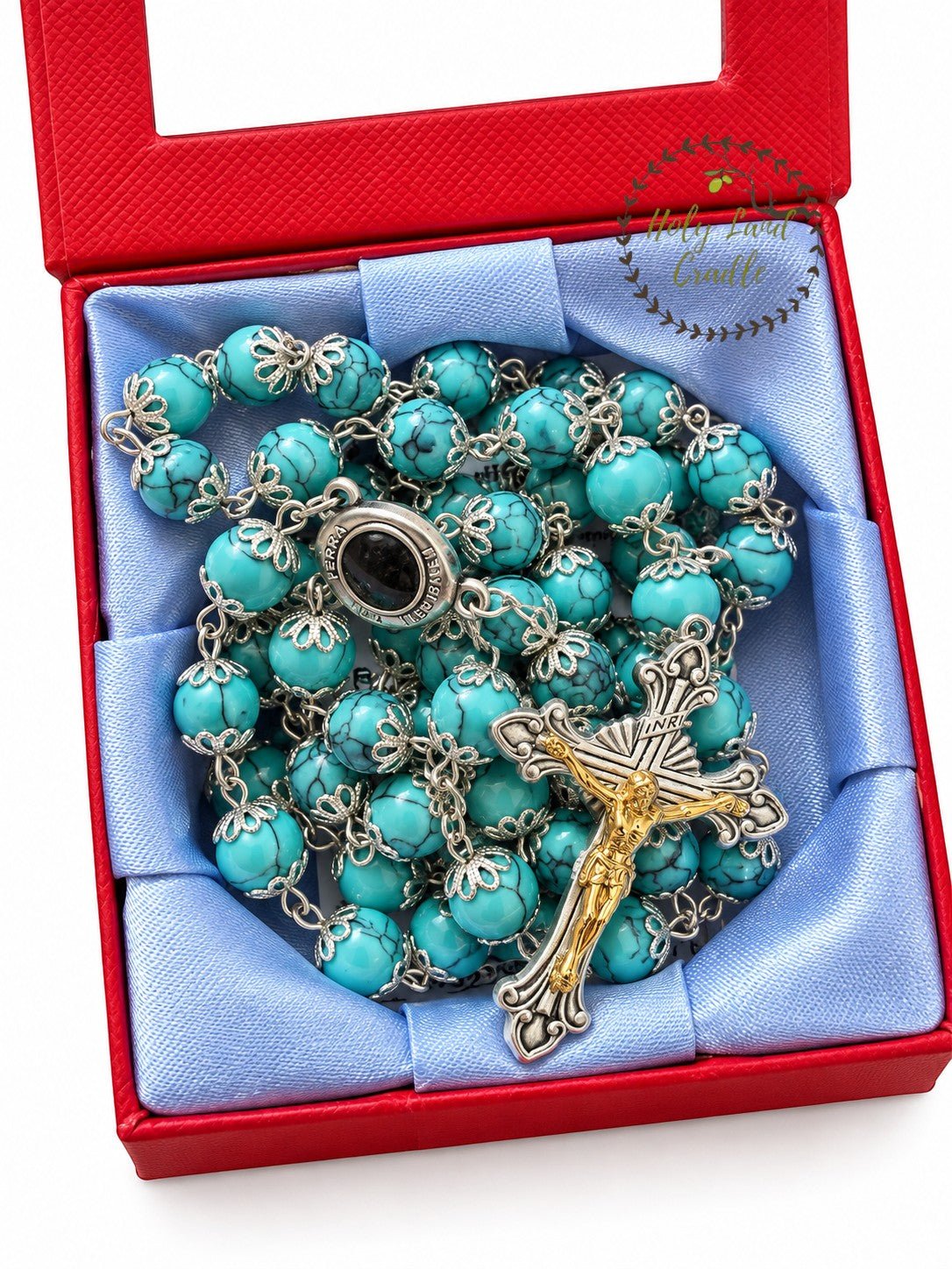Rosary with Decorative Bead Caps & Holy Land Soil - Holy Land Cradle