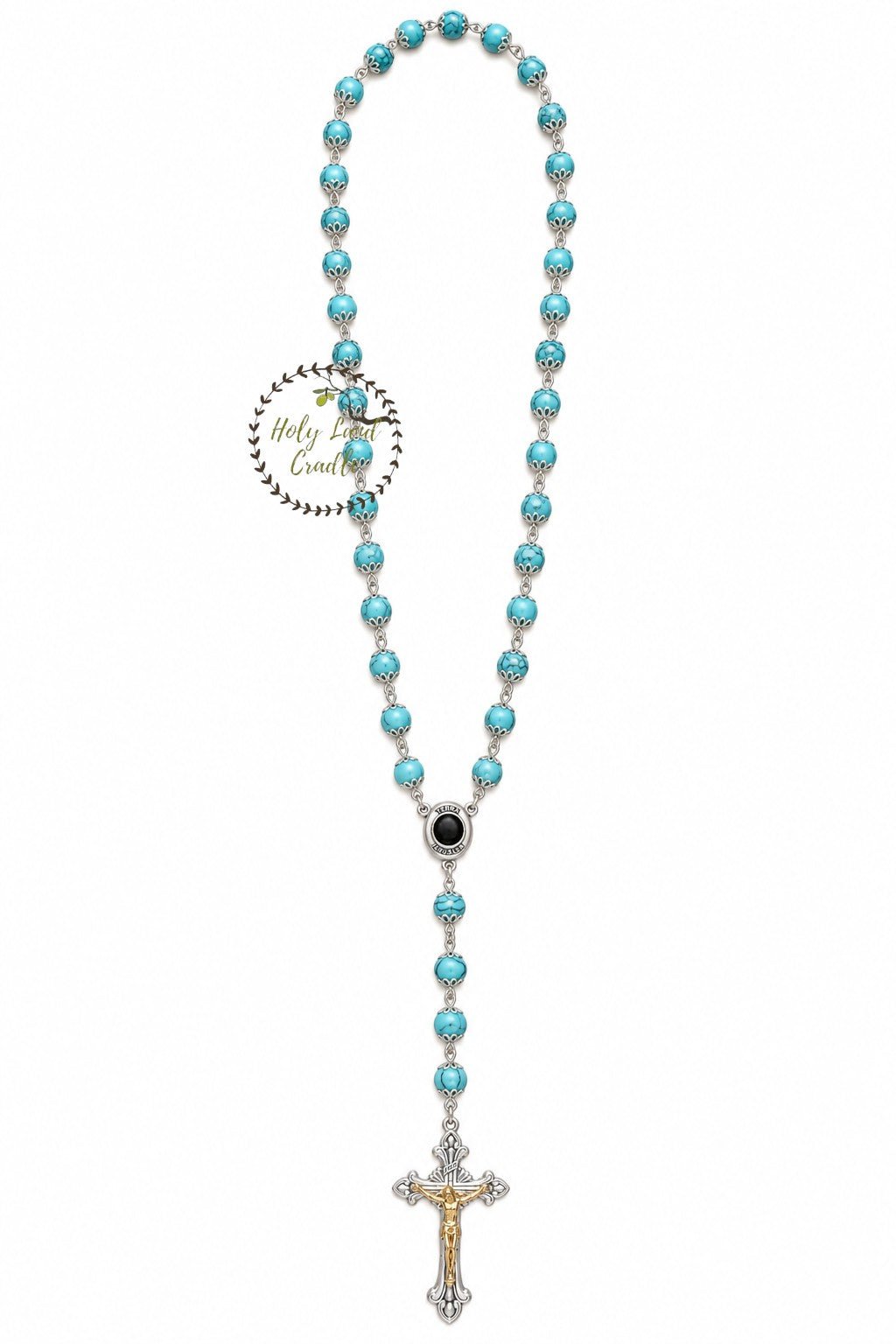 Rosary with Decorative Bead Caps & Holy Land Soil - Holy Land Cradle