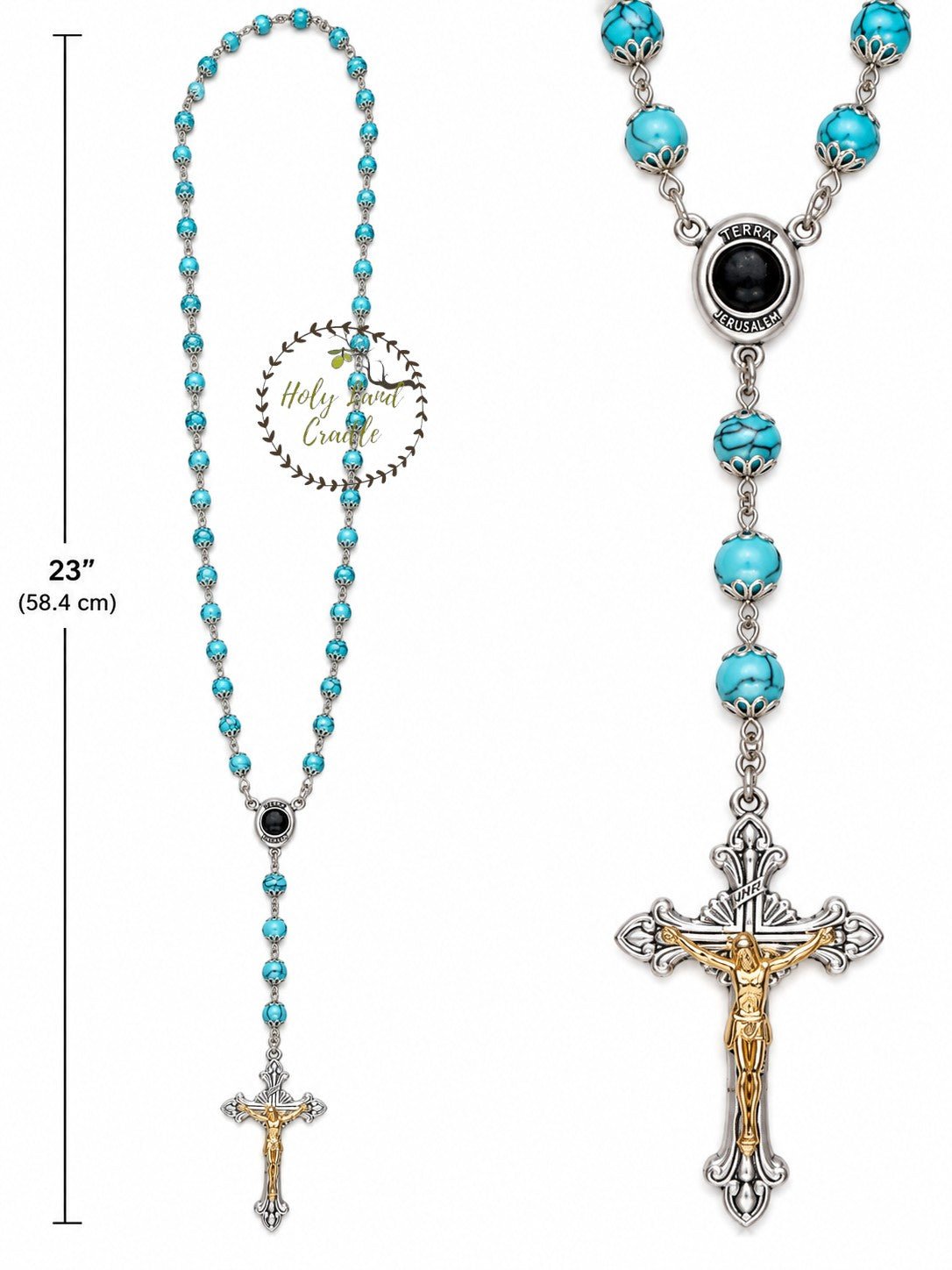 Rosary with Decorative Bead Caps & Holy Land Soil - Holy Land Cradle