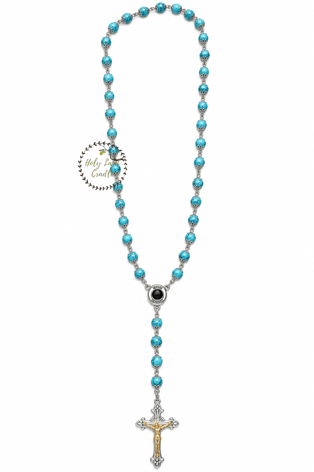 Rosary with Decorative Bead Caps & Holy Land Soil - Holy Land Cradle