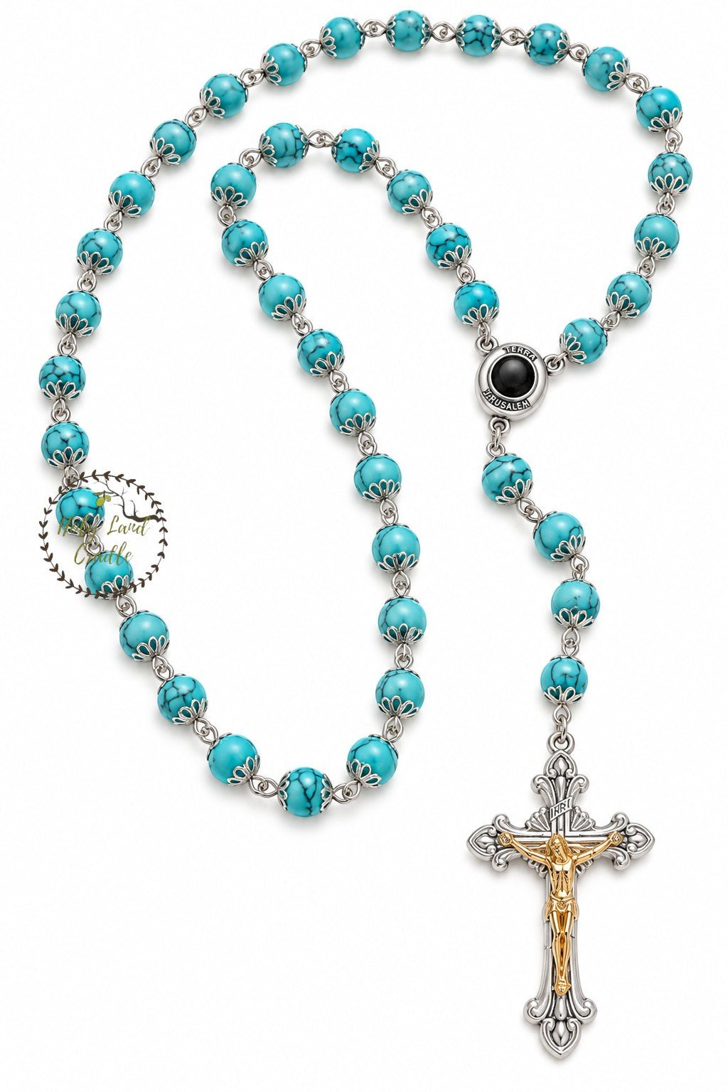 Rosary with Decorative Bead Caps & Holy Land Soil - Holy Land Cradle