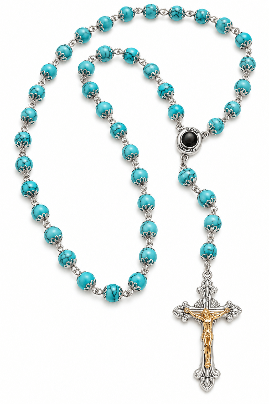 Rosary with Decorative Bead Caps & Holy Land Soil - Holy Land Cradle