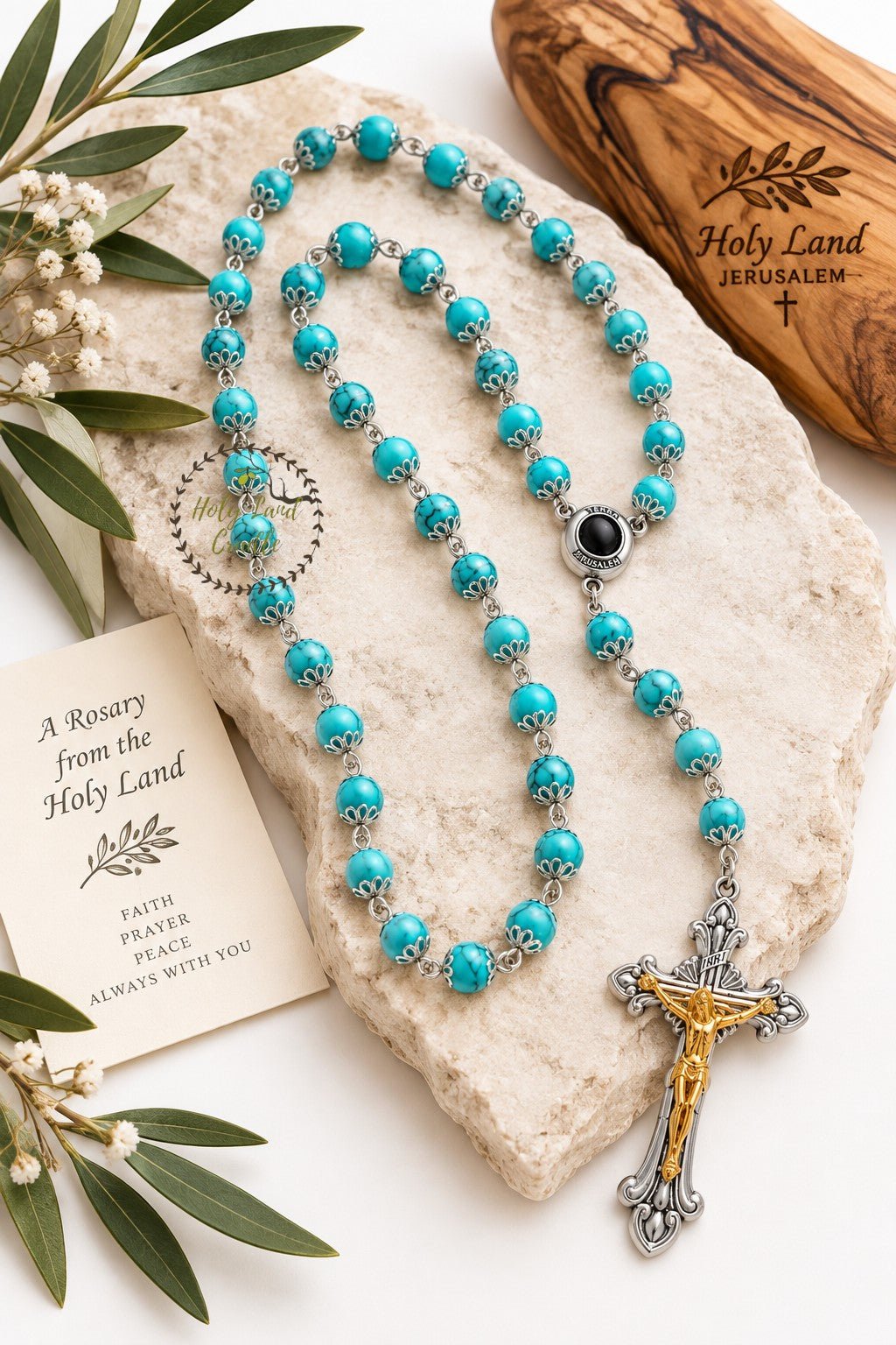 Rosary with Decorative Bead Caps & Holy Land Soil - Holy Land Cradle