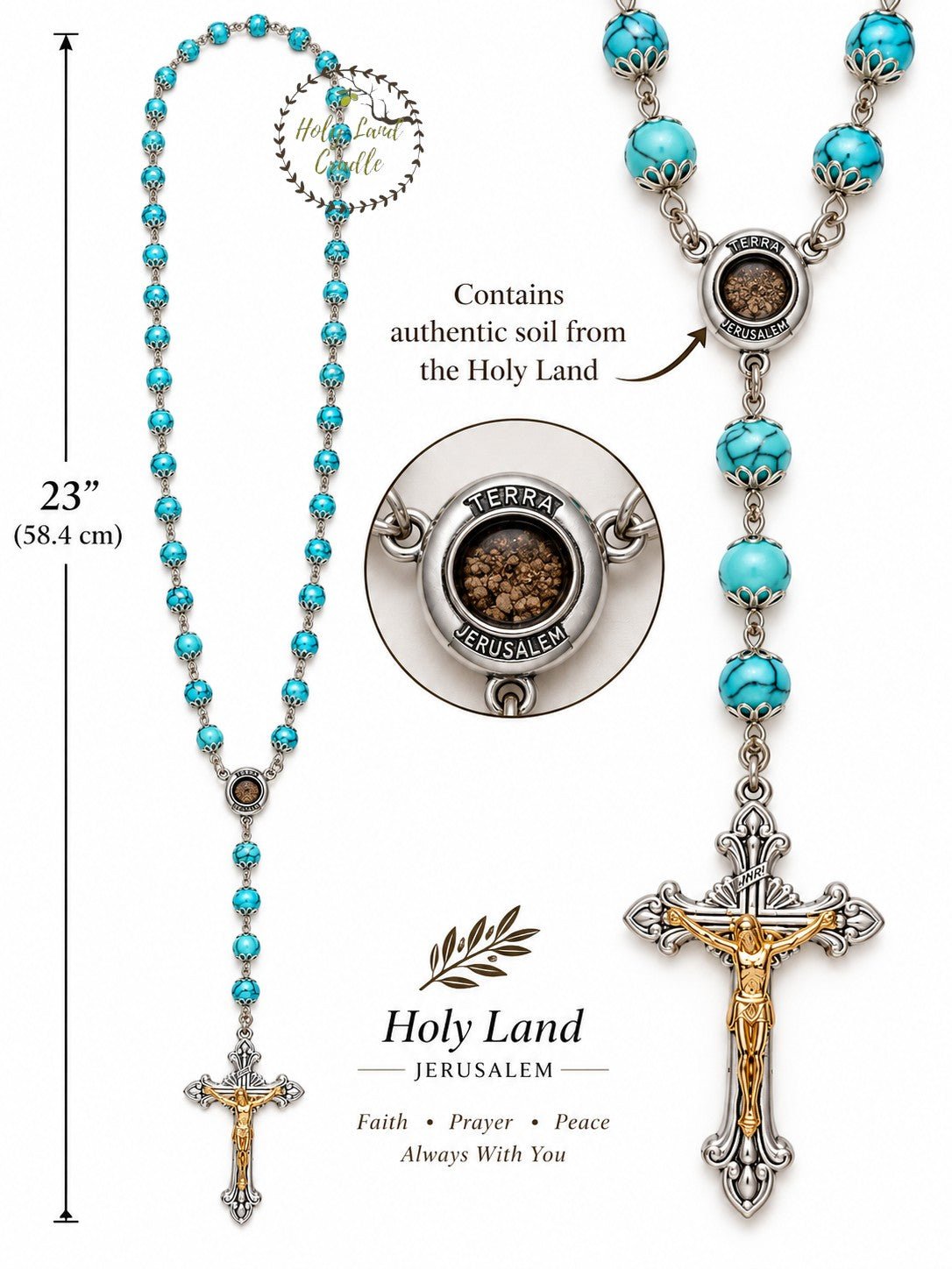 Rosary with Decorative Bead Caps & Holy Land Soil - Holy Land Cradle