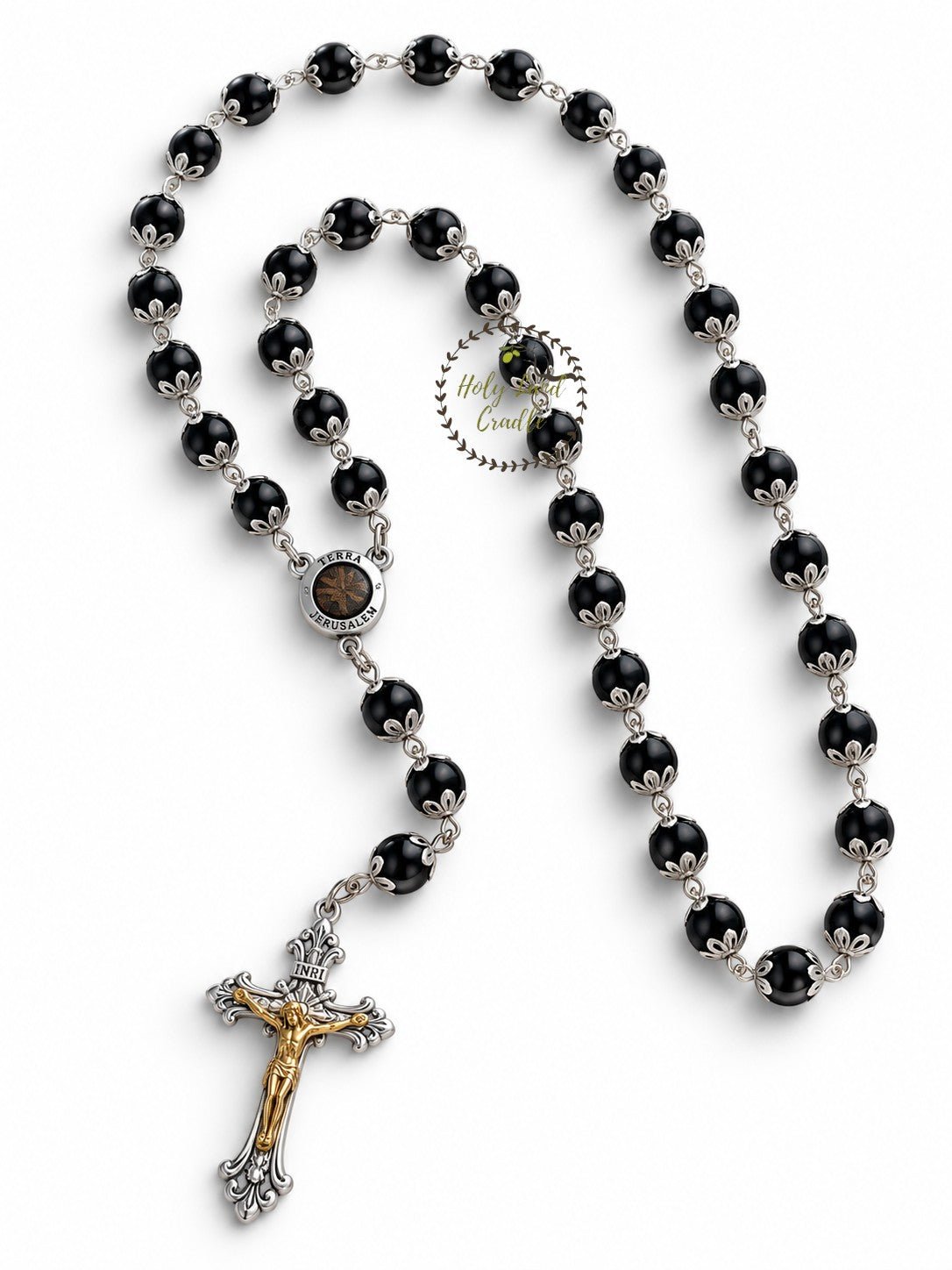 Rosary with Decorative Bead Caps & Holy Land Soil - Holy Land Cradle