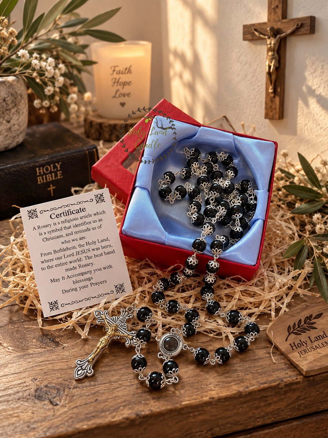 Rosary with Decorative Bead Caps & Holy Land Soil - Holy Land Cradle
