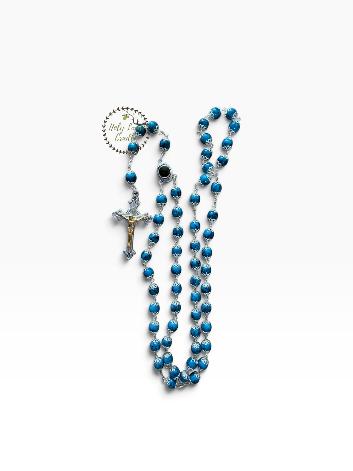 Rosary with Decorative Bead Caps & Holy Land Soil - Holy Land Cradle