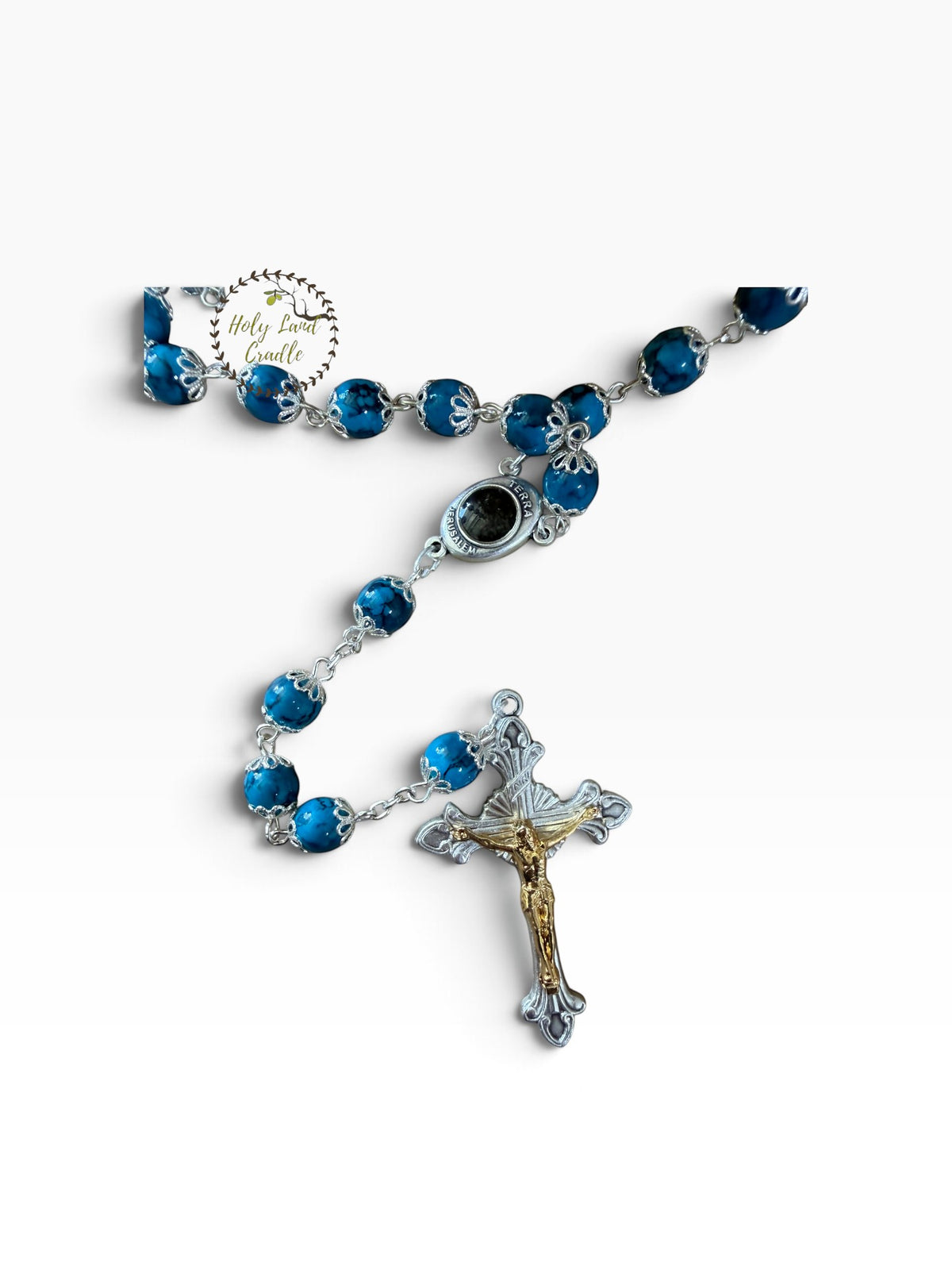 Rosary with Decorative Bead Caps & Holy Land Soil - Holy Land Cradle