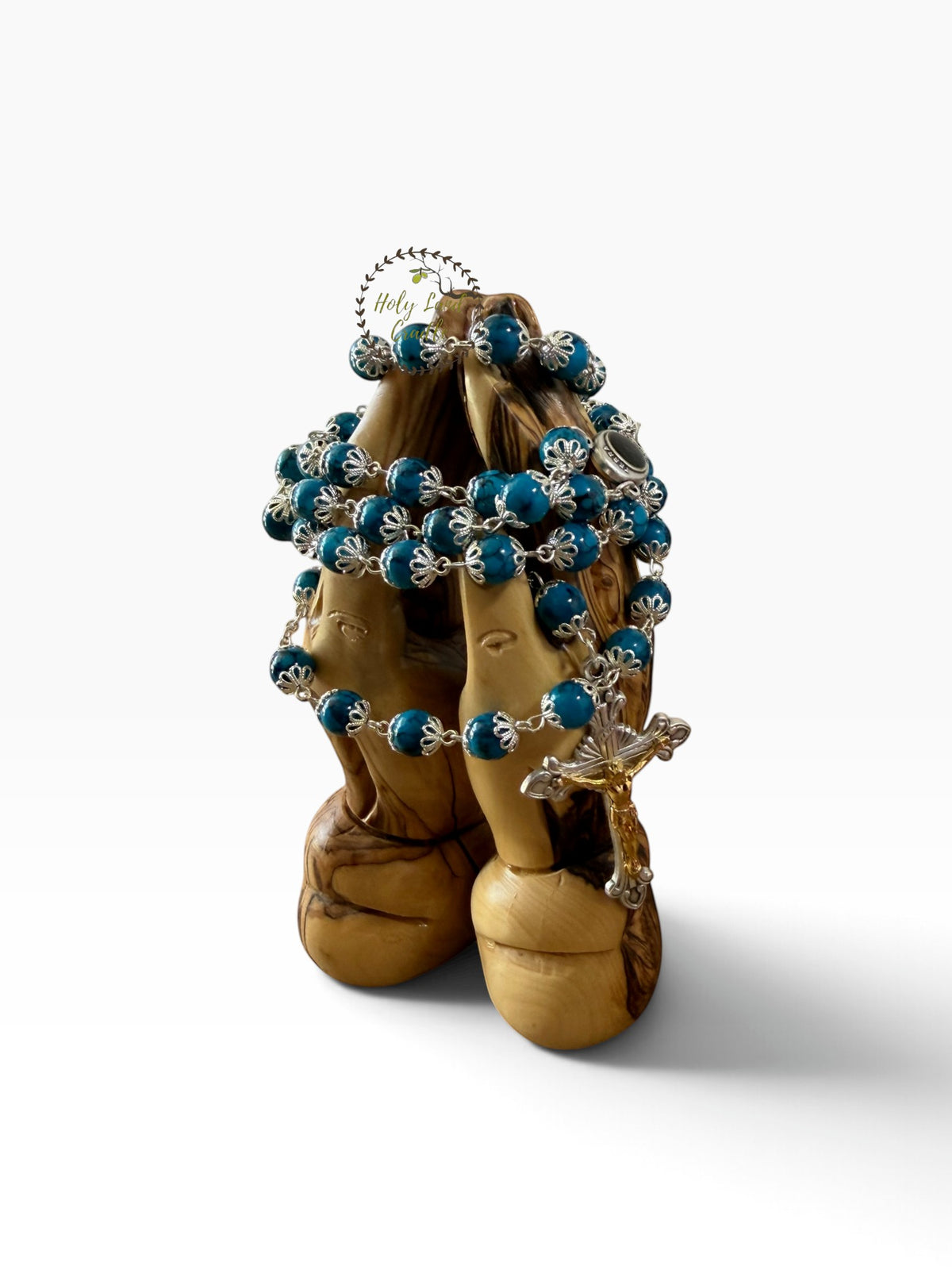 Rosary with Decorative Bead Caps & Holy Land Soil - Holy Land Cradle