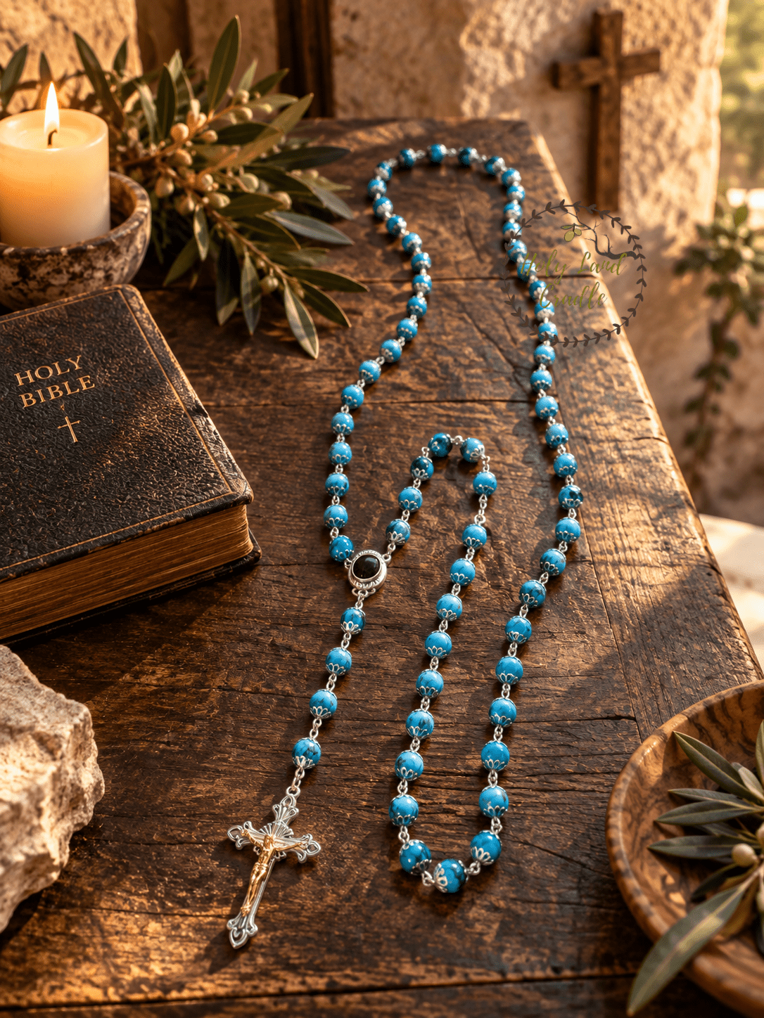 Rosary with Decorative Bead Caps & Holy Land Soil - Holy Land Cradle