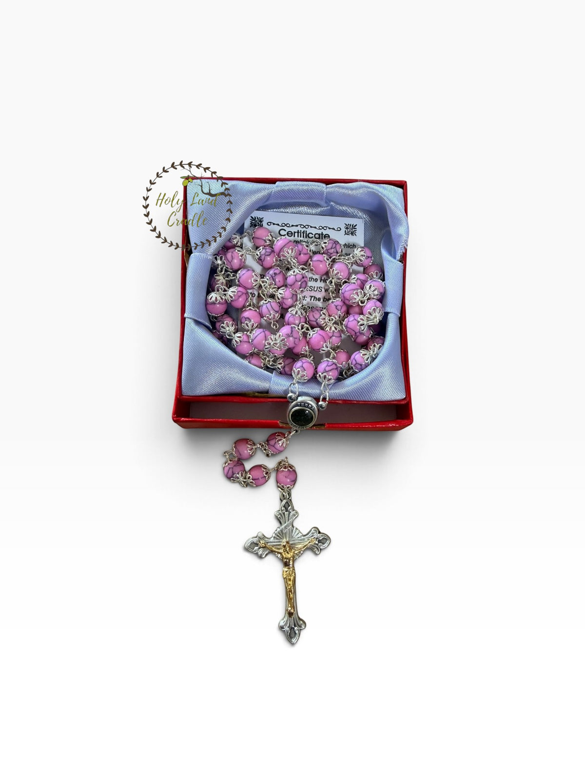 Rosary with Decorative Bead Caps & Holy Land Soil - Holy Land Cradle