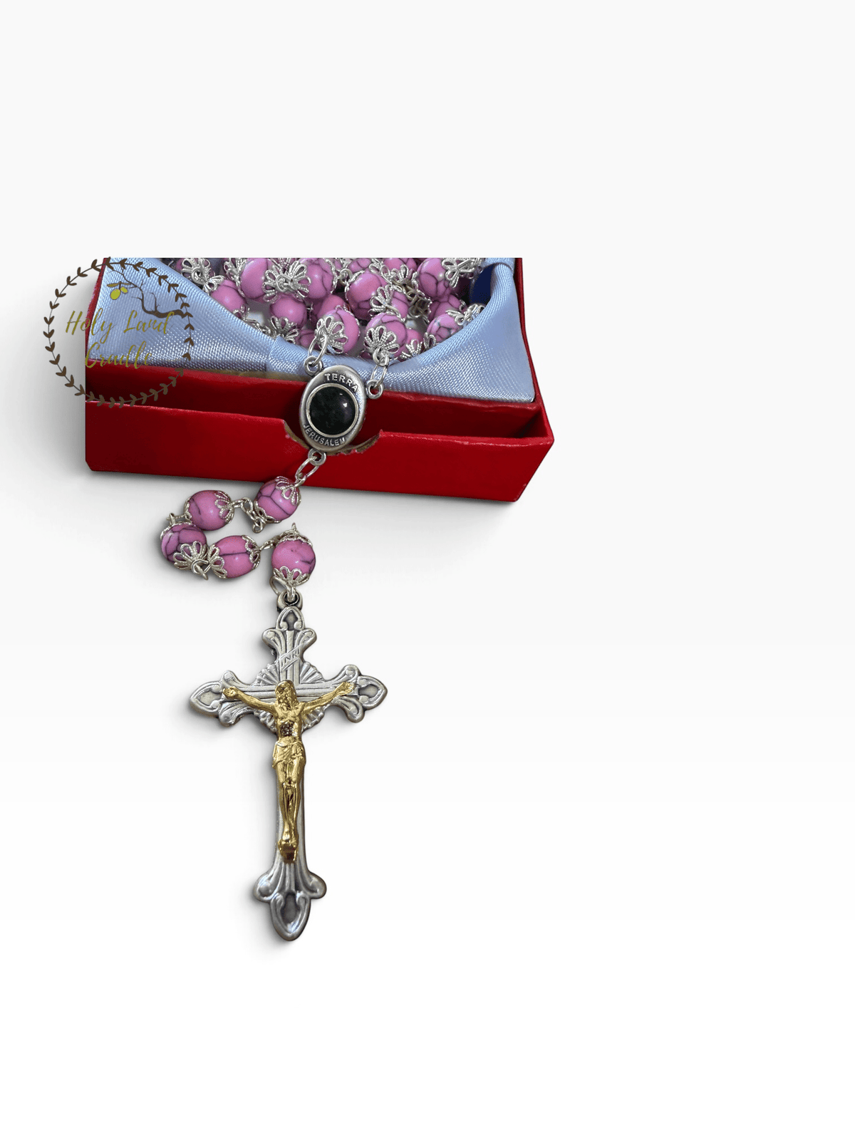 Rosary with Decorative Bead Caps & Holy Land Soil - Holy Land Cradle