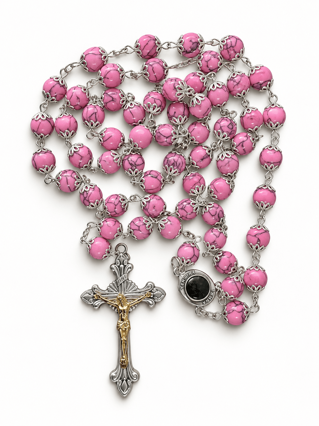 Rosary with Decorative Bead Caps & Holy Land Soil - Holy Land Cradle