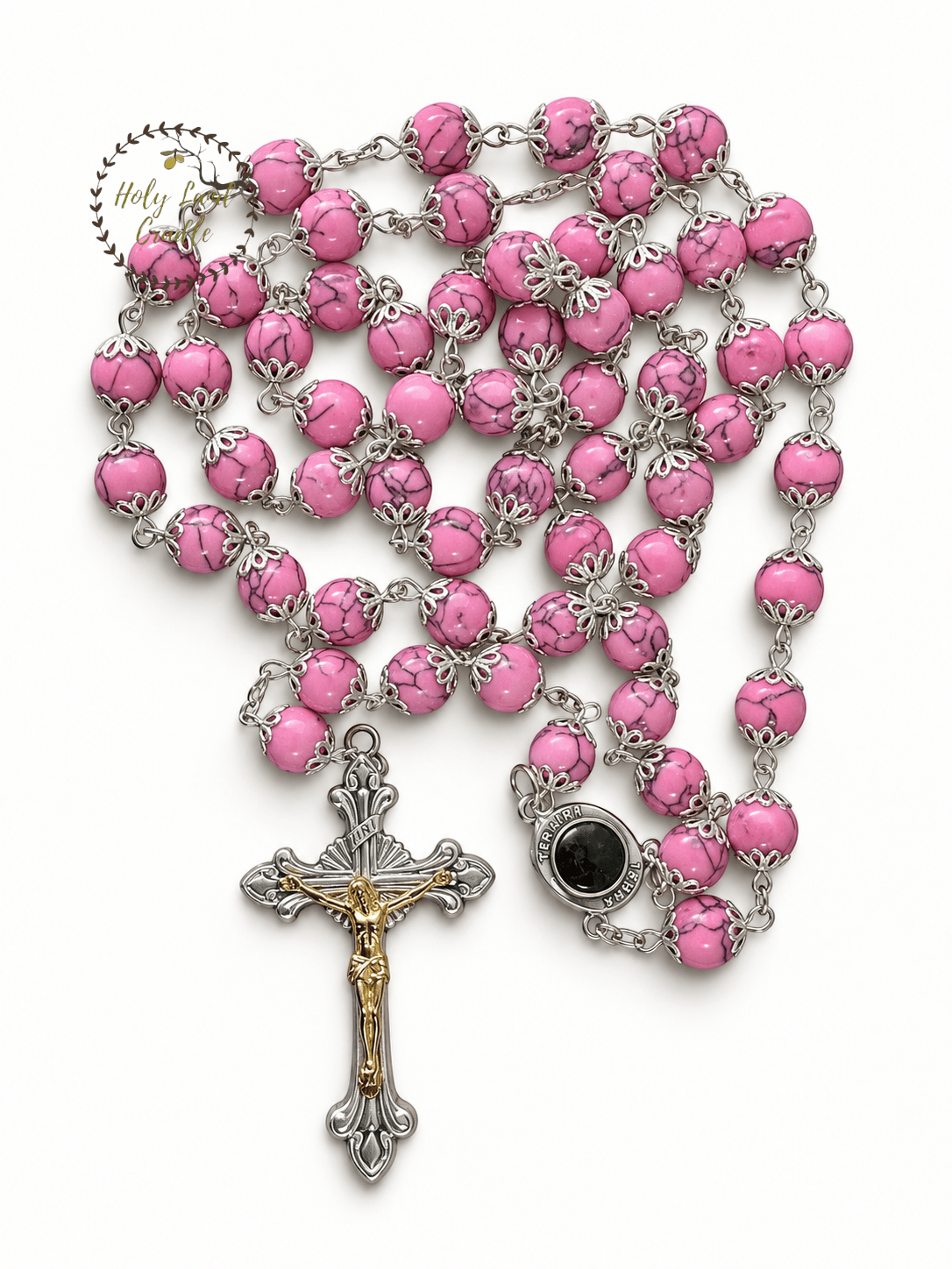 Rosary with Decorative Bead Caps & Holy Land Soil - Holy Land Cradle