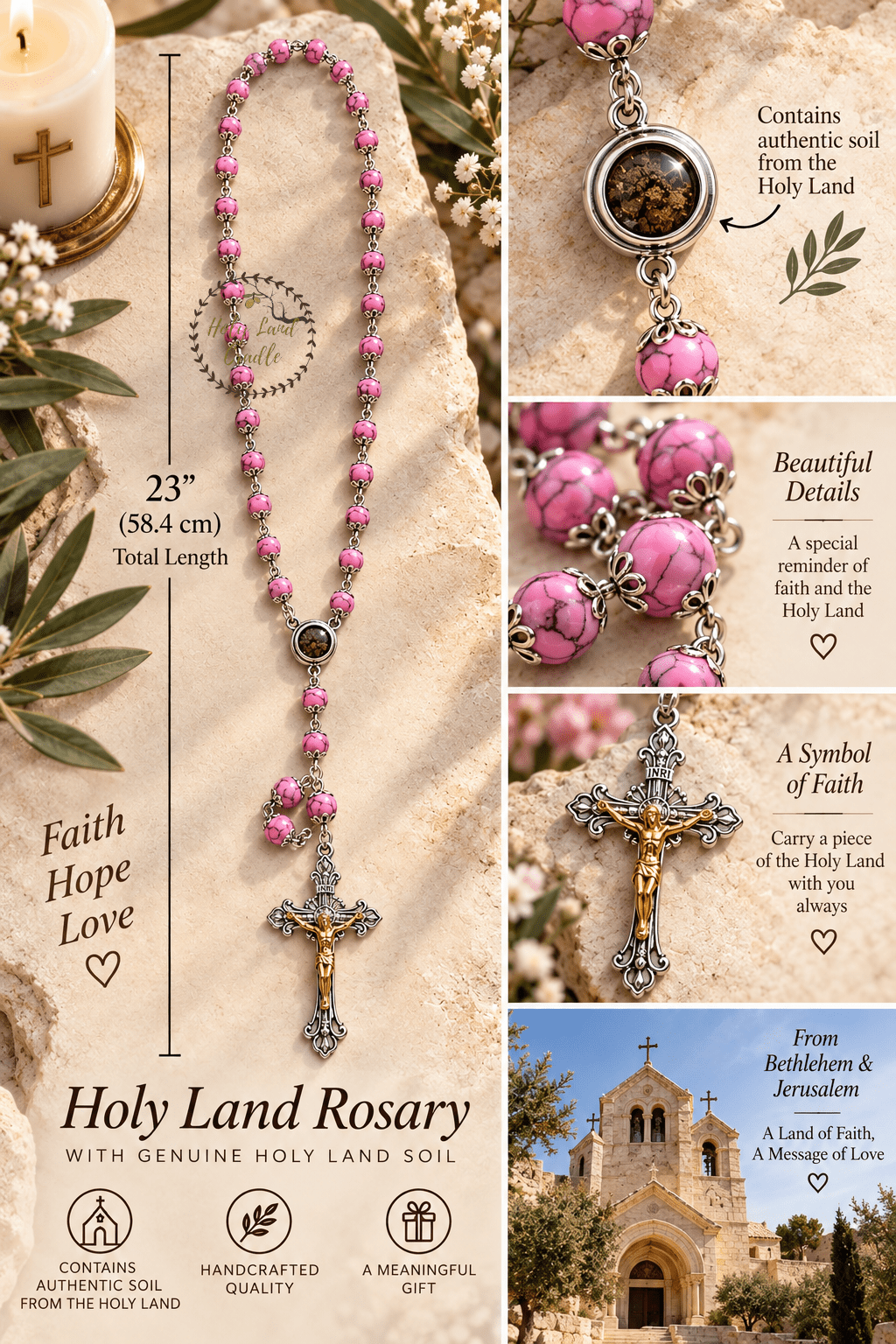Rosary with Decorative Bead Caps & Holy Land Soil - Holy Land Cradle