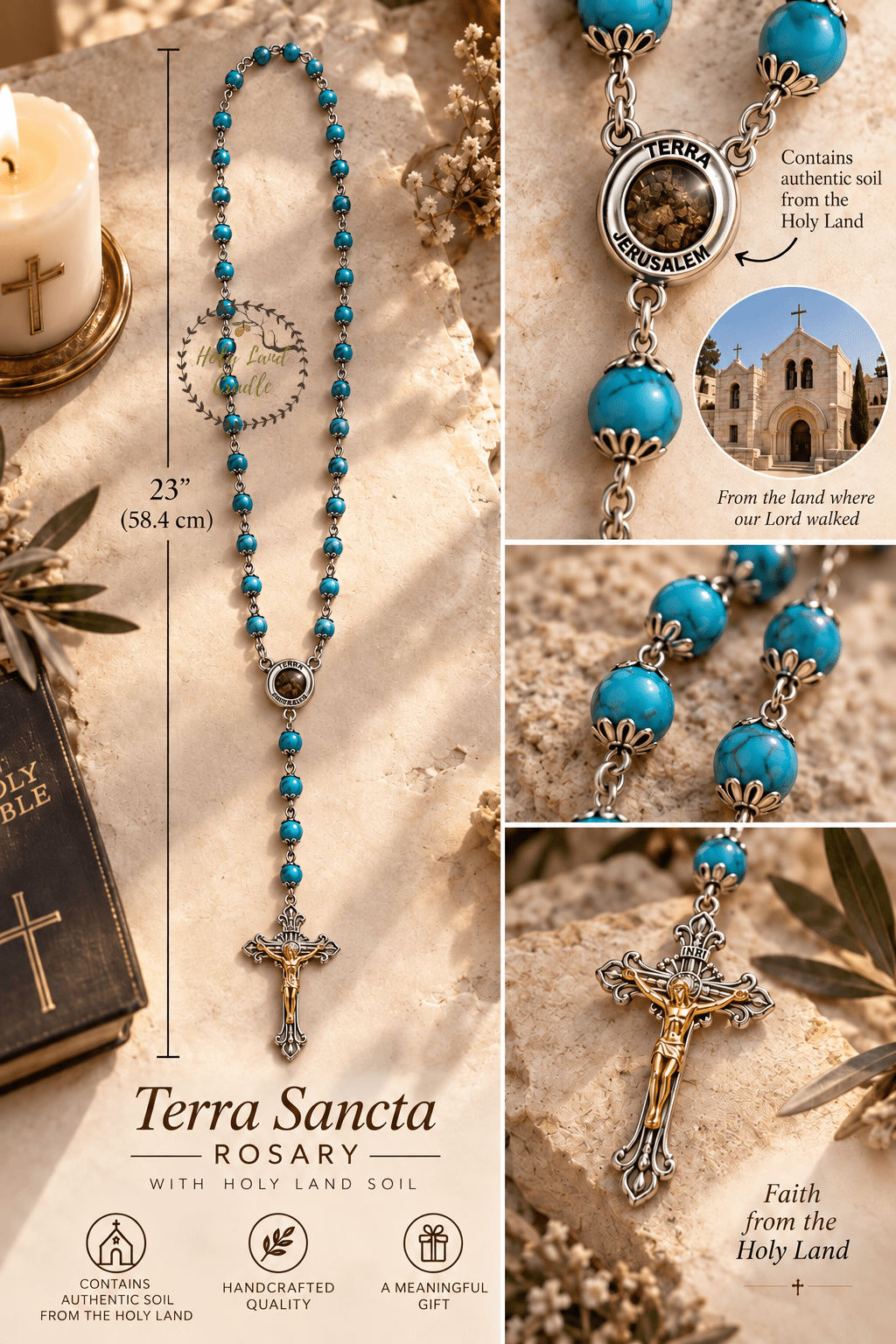 Rosary with Decorative Bead Caps & Holy Land Soil - Holy Land Cradle