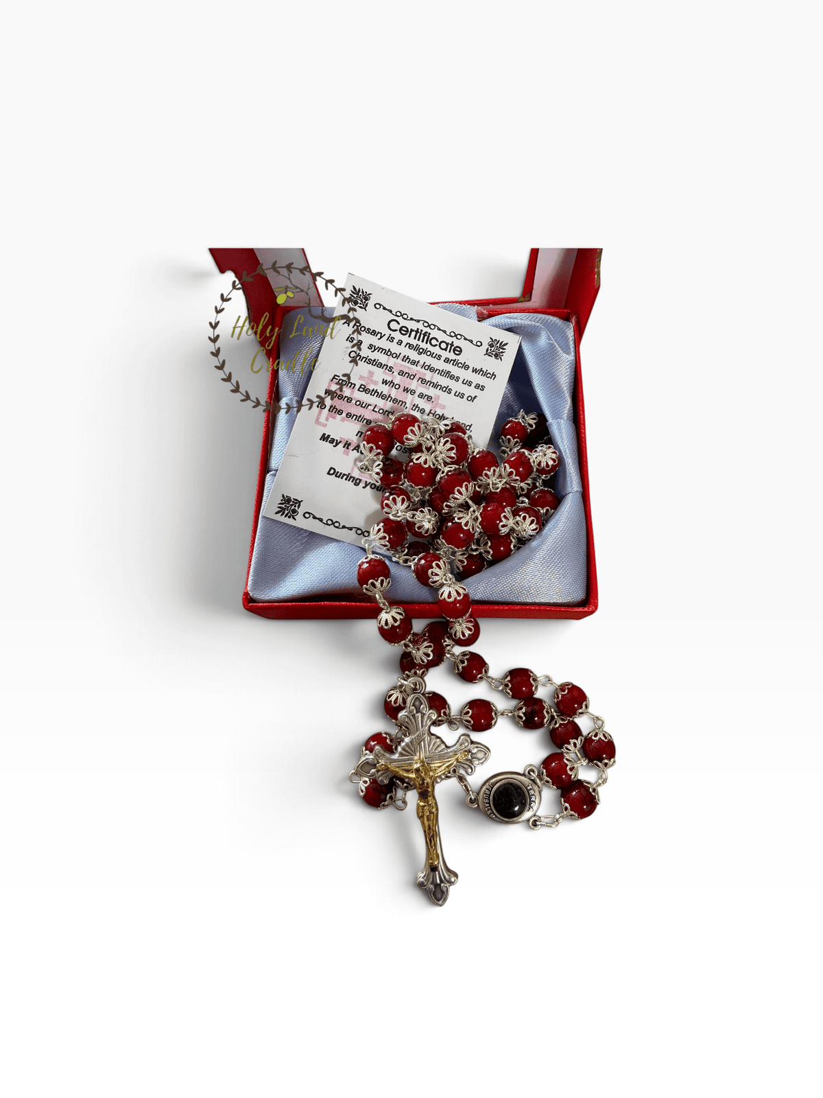 Rosary with Decorative Bead Caps & Holy Land Soil - Holy Land Cradle