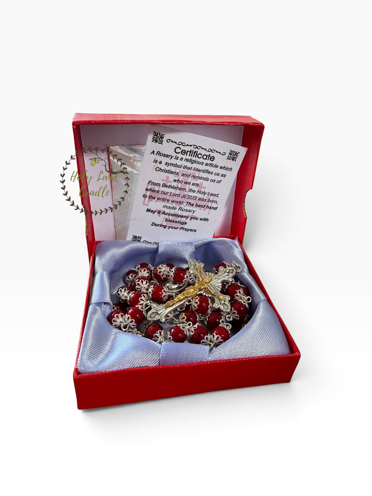 Rosary with Decorative Bead Caps & Holy Land Soil - Holy Land Cradle