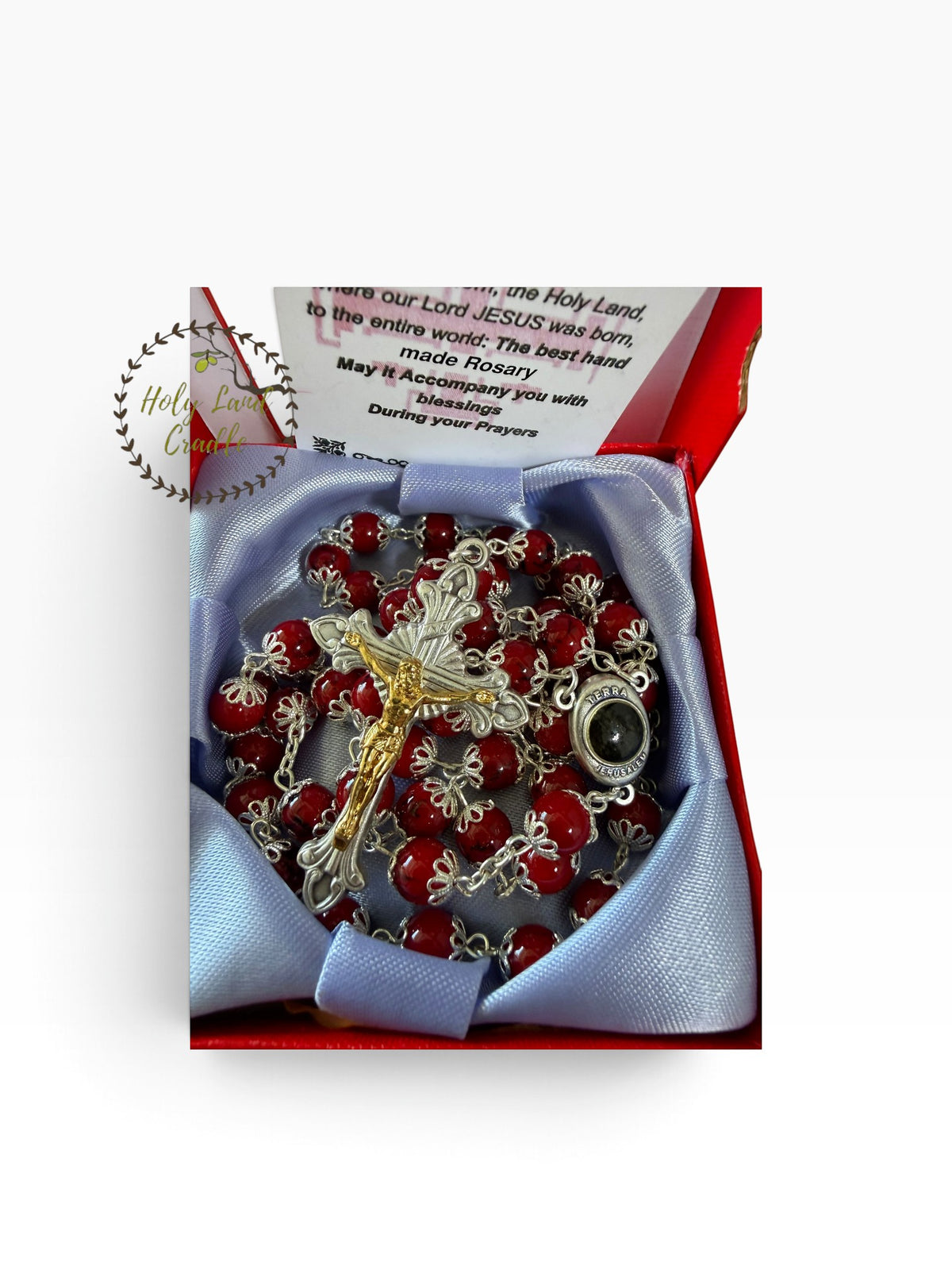 Rosary with Decorative Bead Caps & Holy Land Soil - Holy Land Cradle