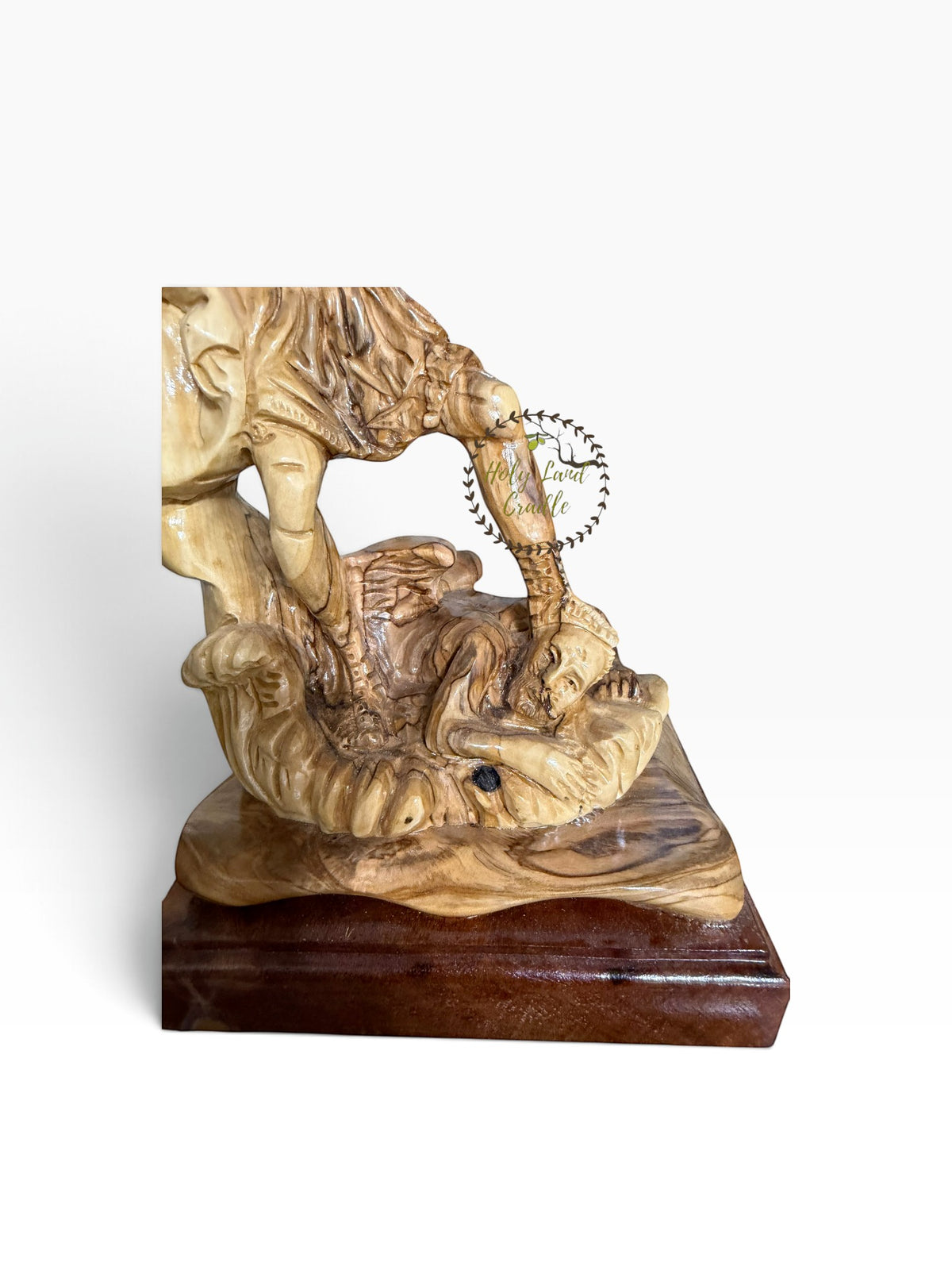Masterfully Carved Olive Wood Saint Michael the Archangel - Holy Land Cradle