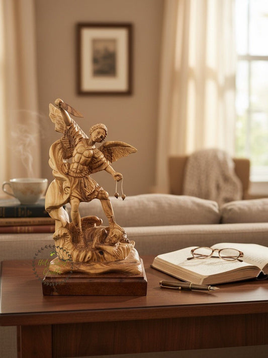 Masterfully Carved Olive Wood Saint Michael the Archangel - Holy Land Cradle