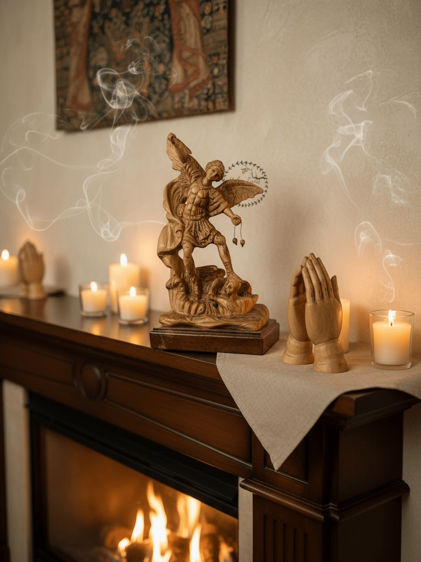 Masterfully Carved Olive Wood Saint Michael the Archangel - Holy Land Cradle
