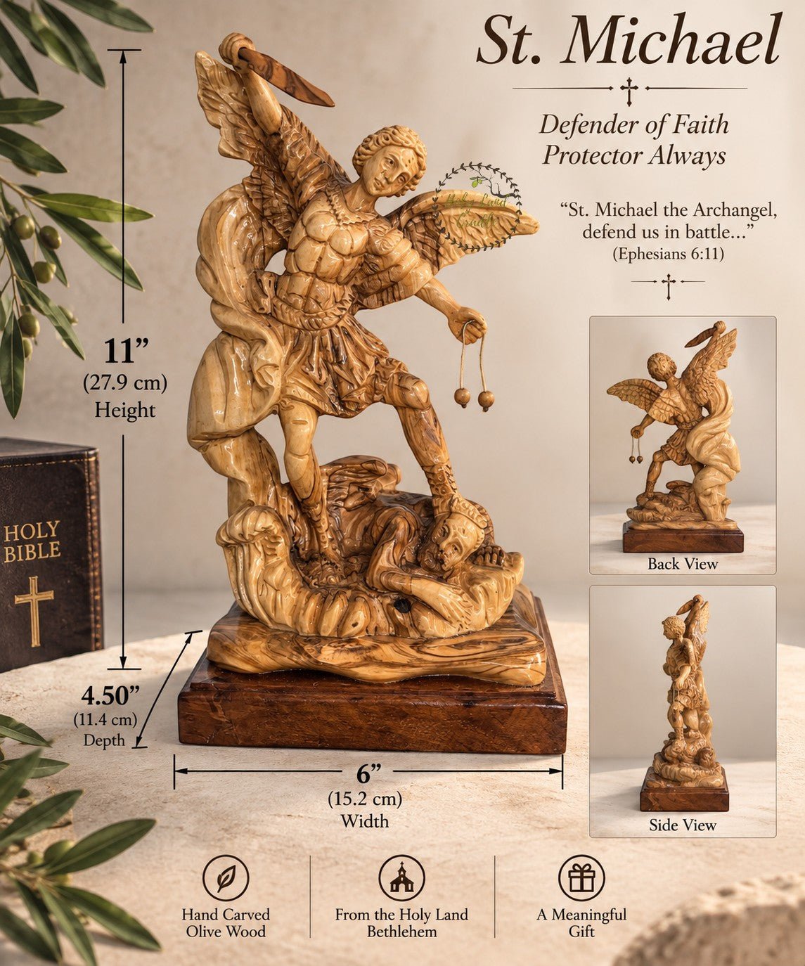 Masterfully Carved Olive Wood Saint Michael the Archangel - Holy Land Cradle