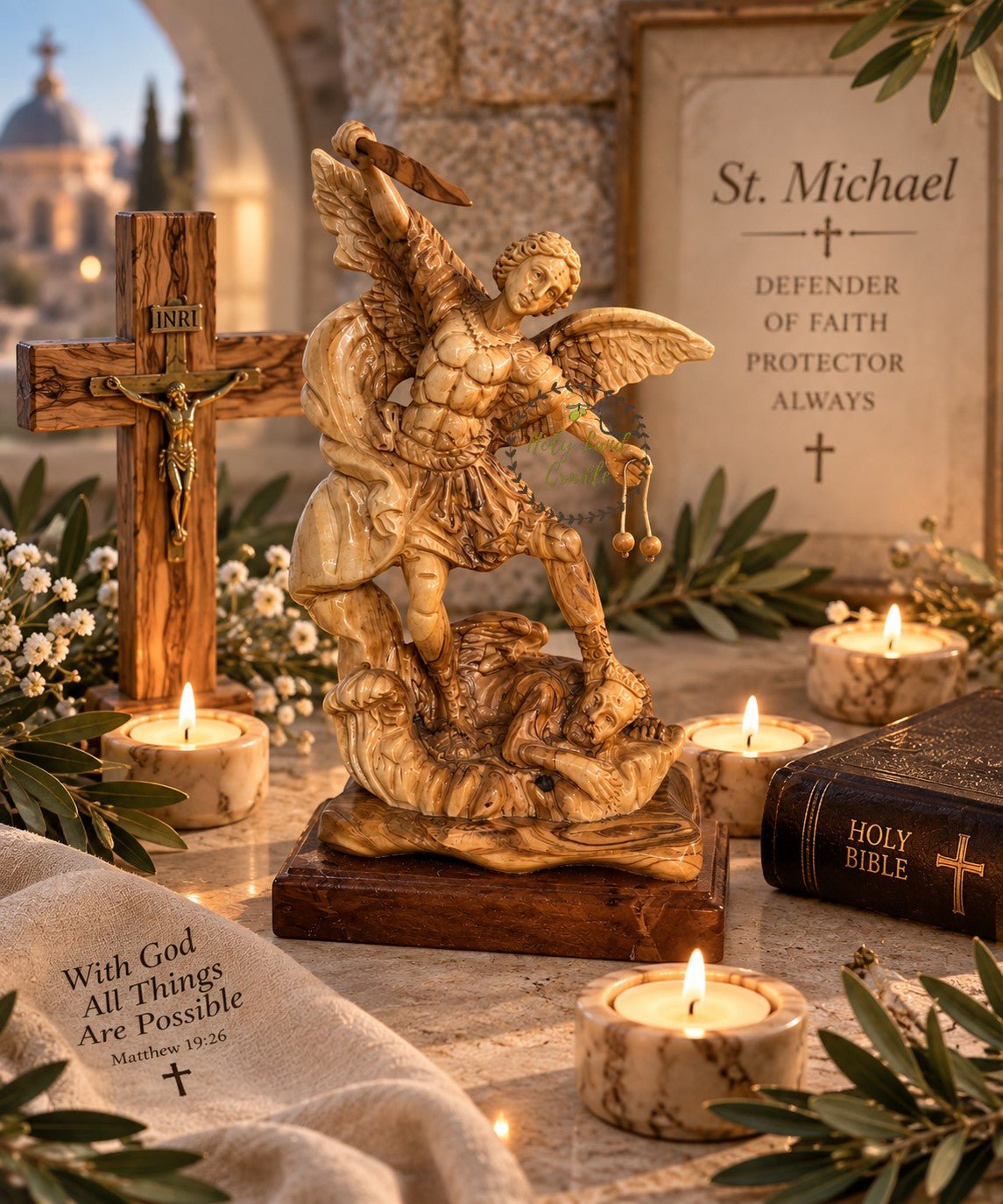 Masterfully Carved Olive Wood Saint Michael the Archangel - Holy Land Cradle