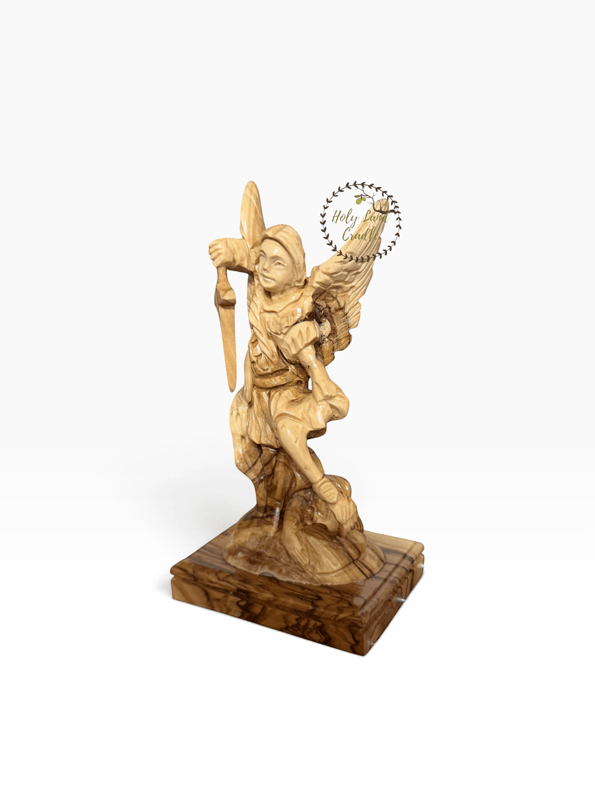 Masterfully Carved Olive Wood Saint Michael the Archangel - Holy Land Cradle