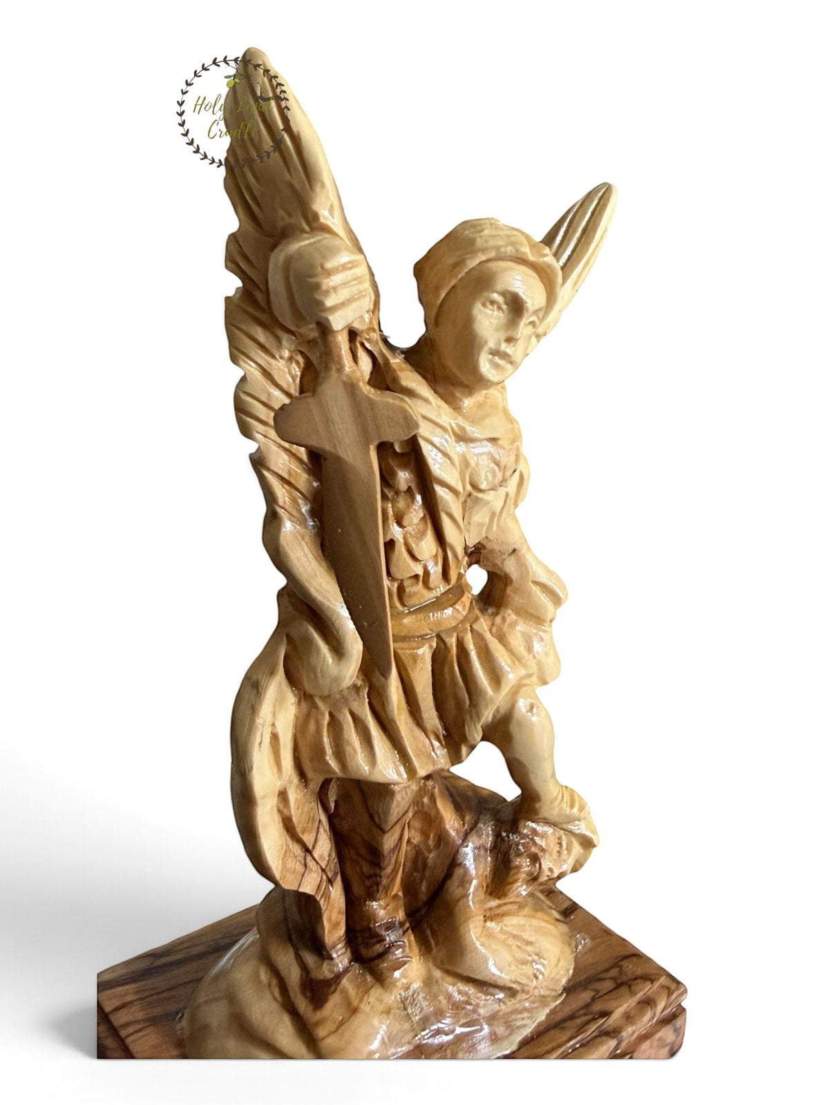 Masterfully Carved Olive Wood Saint Michael the Archangel - Holy Land Cradle
