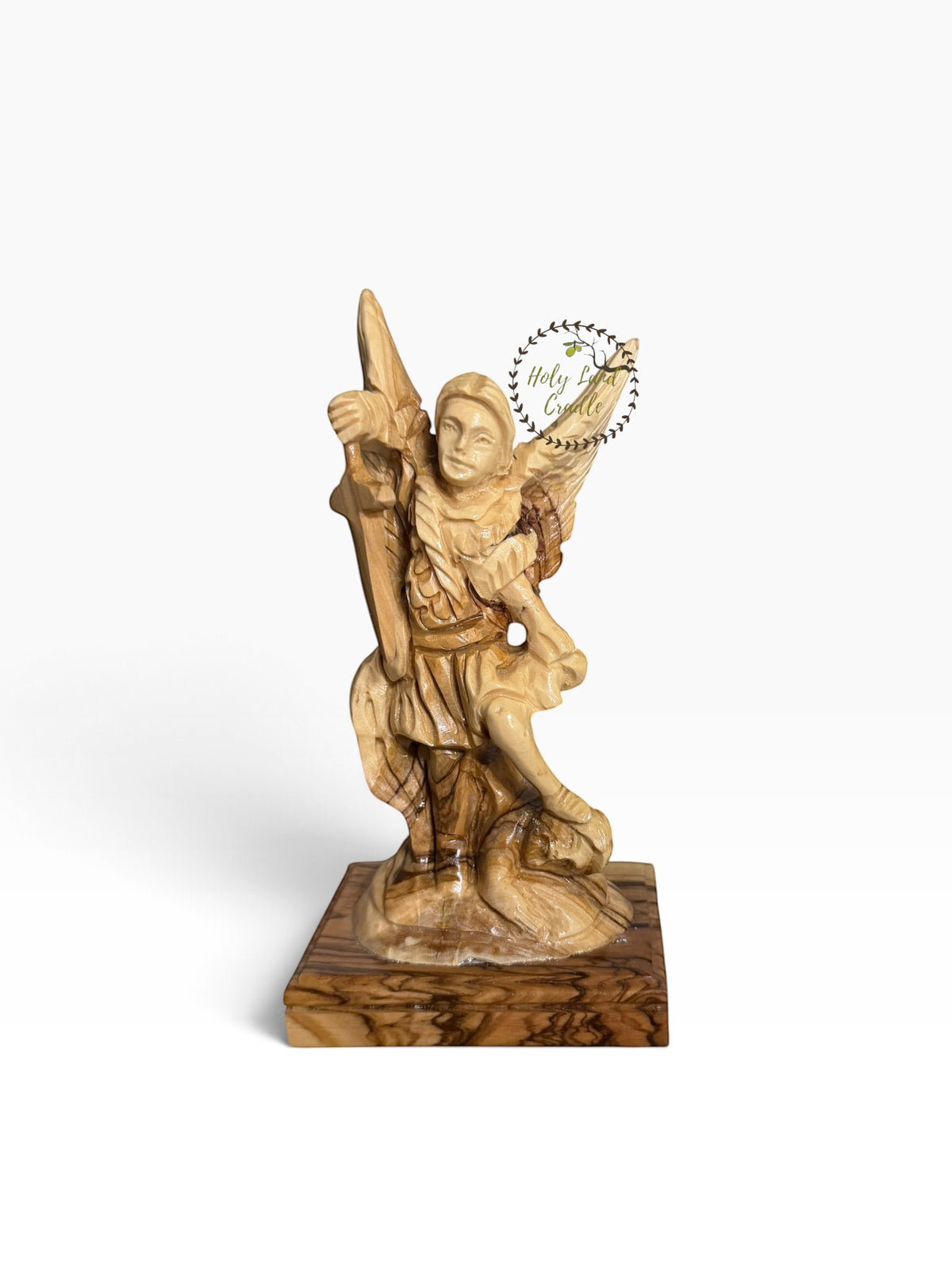 Masterfully Carved Olive Wood Saint Michael the Archangel - Holy Land Cradle