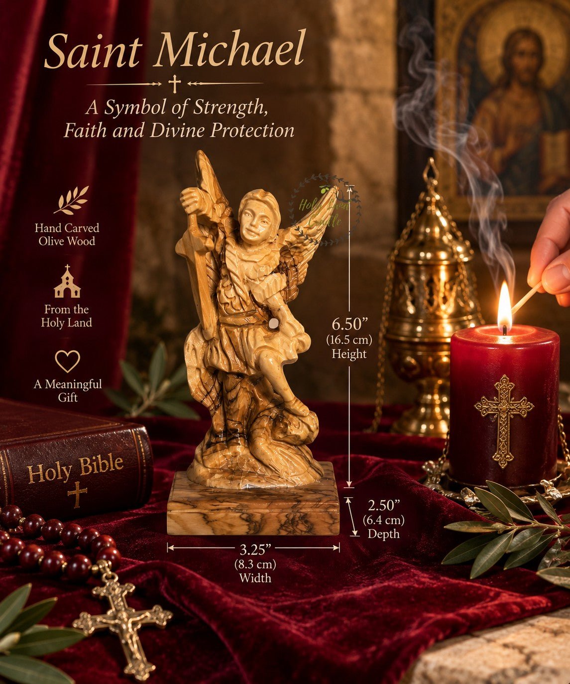 Masterfully Carved Olive Wood Saint Michael the Archangel - Holy Land Cradle