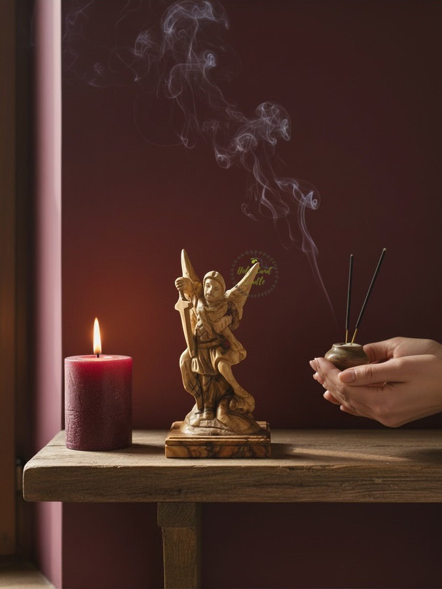 Masterfully Carved Olive Wood Saint Michael the Archangel - Holy Land Cradle