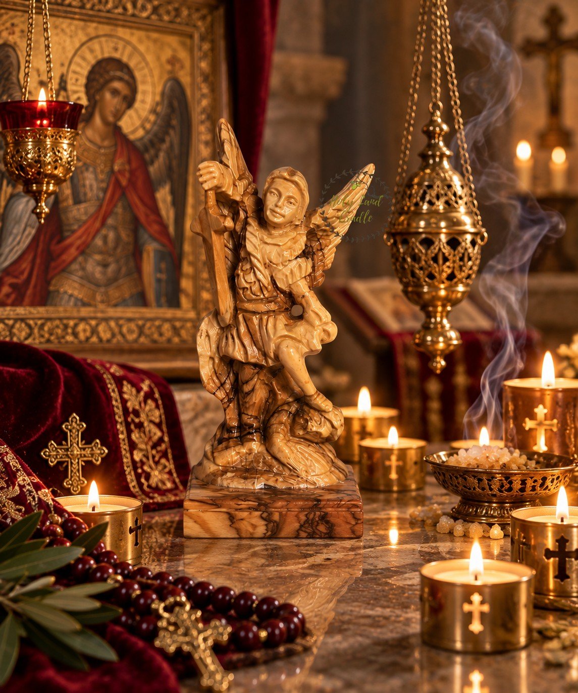 Masterfully Carved Olive Wood Saint Michael the Archangel - Holy Land Cradle