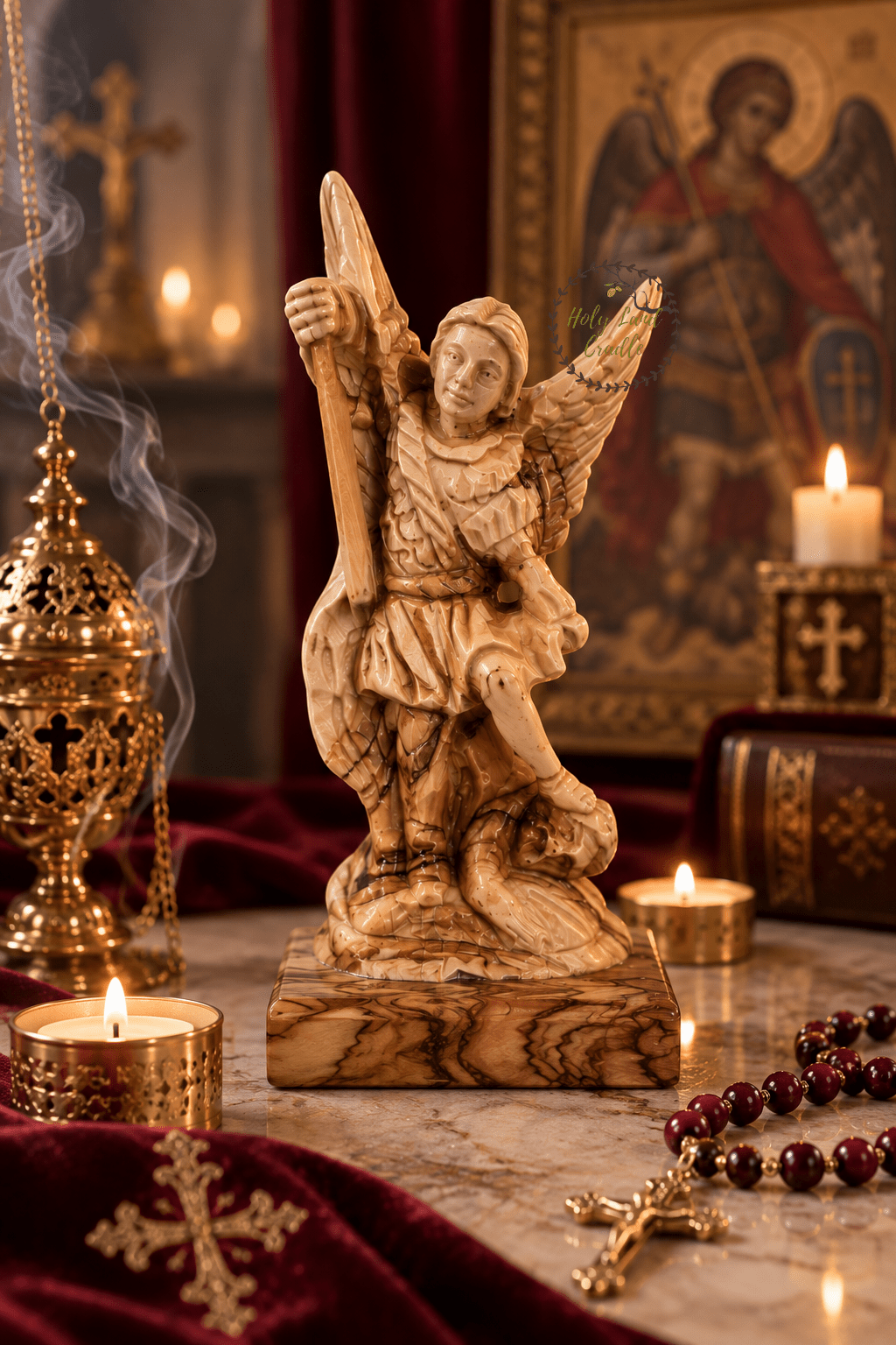 Masterfully Carved Olive Wood Saint Michael the Archangel - Holy Land Cradle