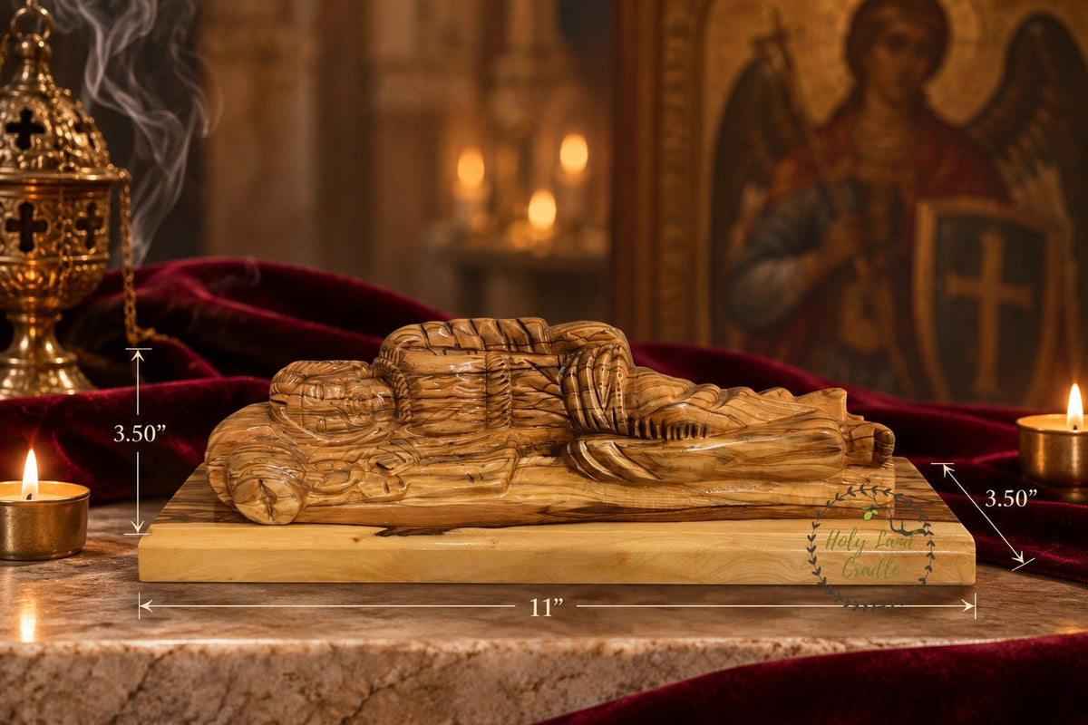 Hand-Carved Olive Wood Sleeping Saint Joseph on Wooden Base - Holy Land Cradle