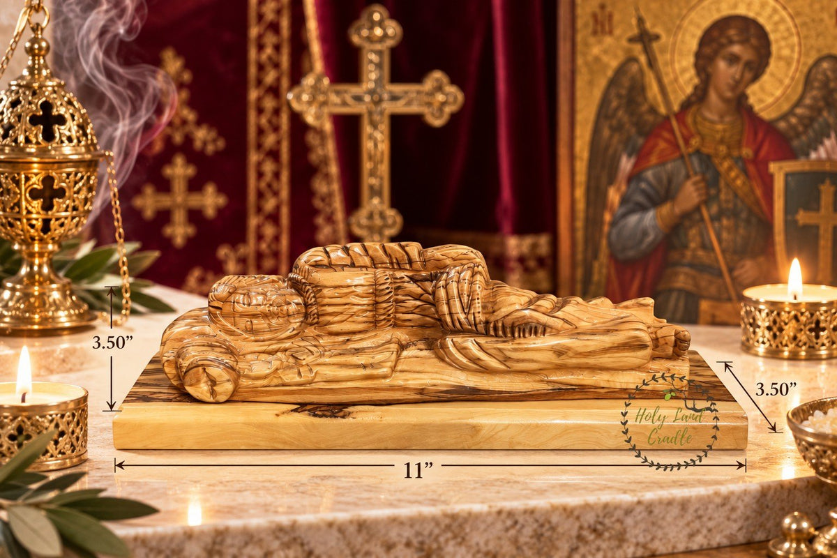 Hand-Carved Olive Wood Sleeping Saint Joseph on Wooden Base - Holy Land Cradle