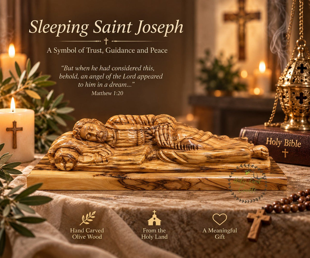 Hand-Carved Olive Wood Sleeping Saint Joseph on Wooden Base - Holy Land Cradle